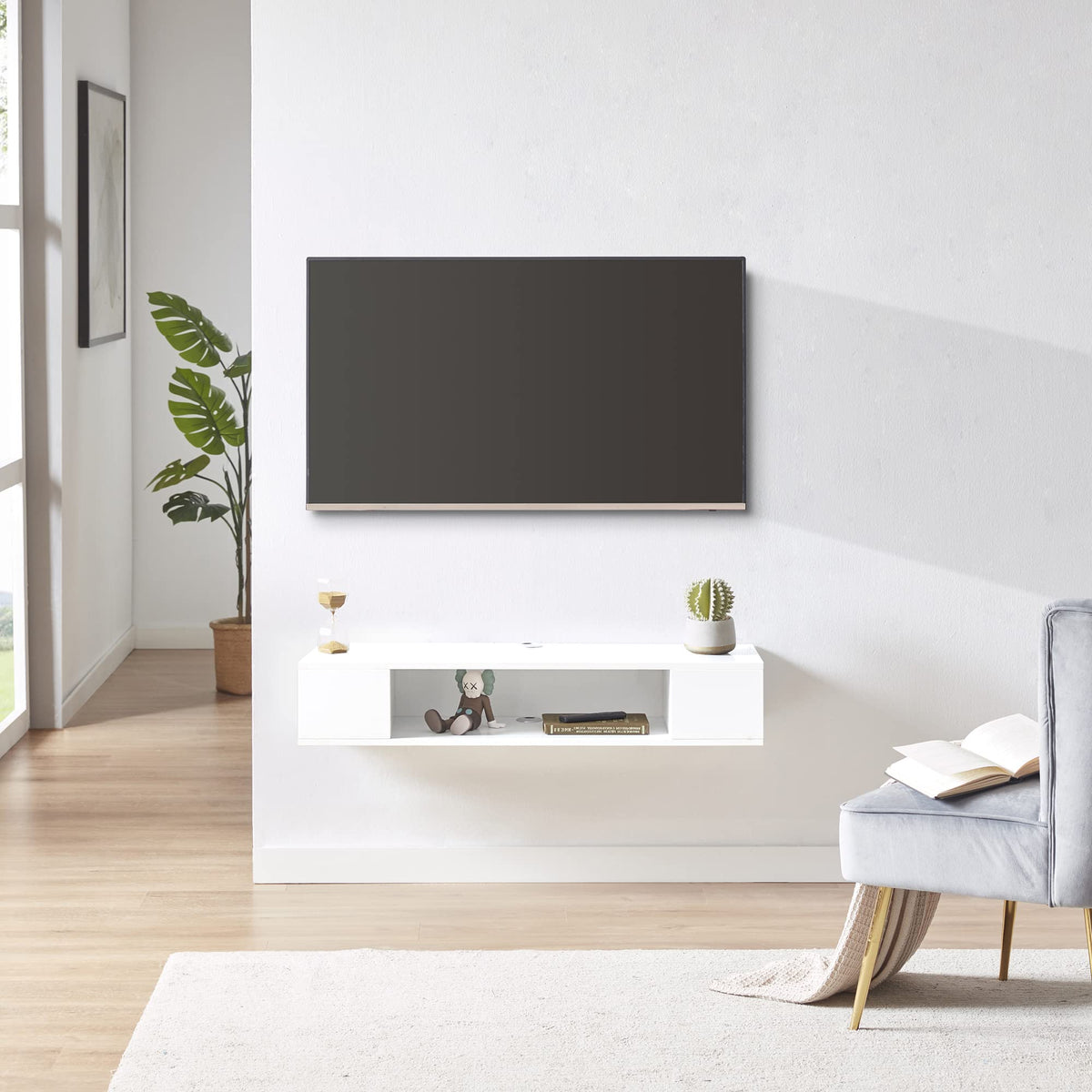 GHC Floating TV Stand, Wall Mounted Entertainment Center and Cabinet Shelf, Media Console for DVD Player, Space-Saving Under TV Shelf for Bedroom, Living Room (White)
