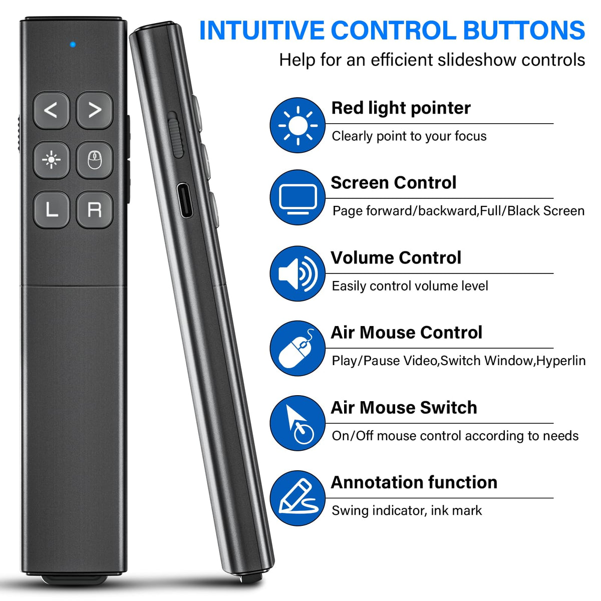 Presentation Clicker with Air Mouse - USB C Wireless Presenter Remote Clicker with Pointer, RF 2.4GHz PowerPoint Clicker for Presentation