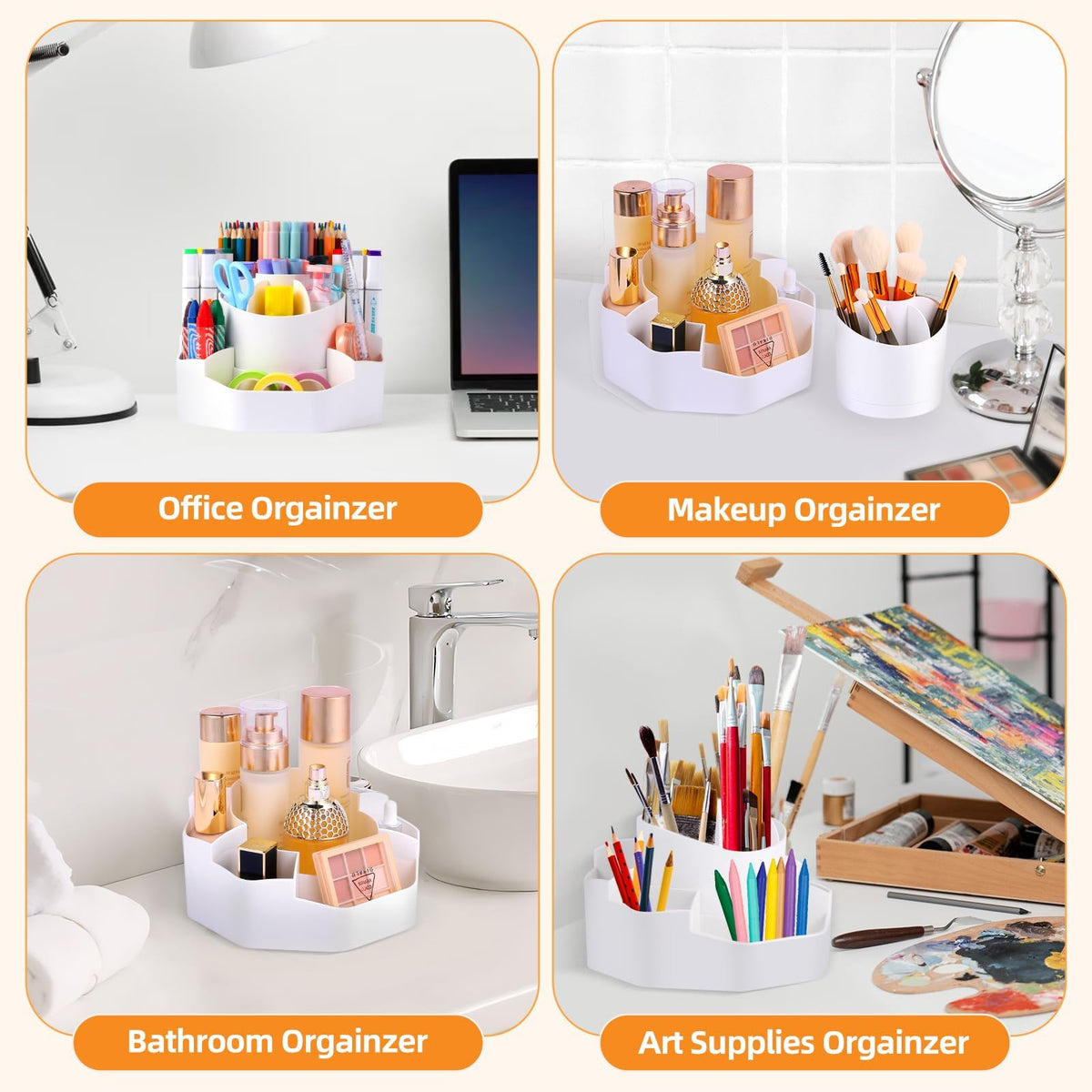 UGWKivd Rotating Desk Pen Organizer, 13 Storage Slots, Large Capacity Pen & Marker Holder, Multifunctional Desktop Organizer for Stationery, Cosmetics, and Kitchen (White)