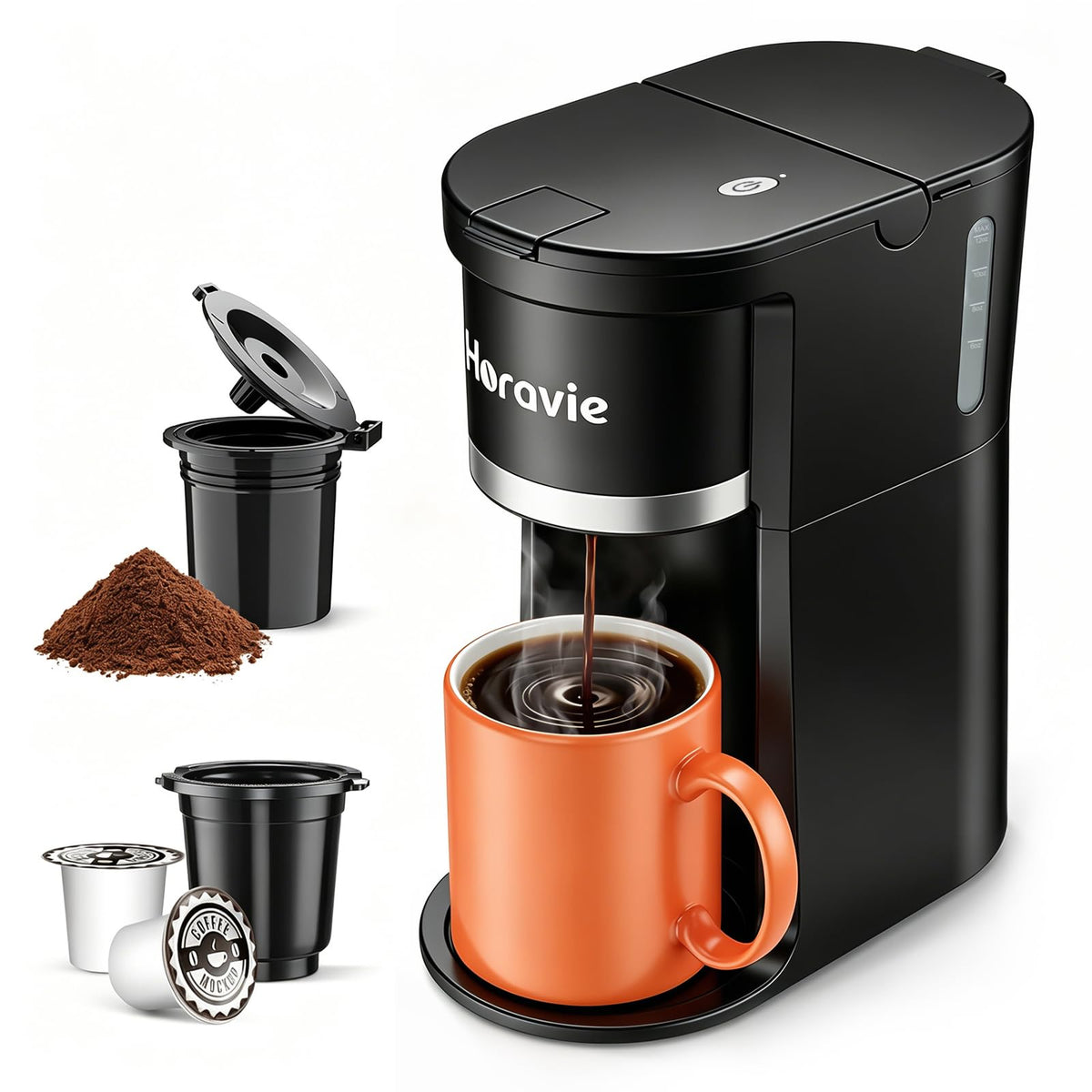 Horavie Small Single Serve Coffee Maker, Fast Brew One Cup Coffee Machine for K Cup and Grounds, 6 to 12 oz. Brew Sizes, Pod Coffee Maker with Descaling Reminder and Viewing Tank, Black