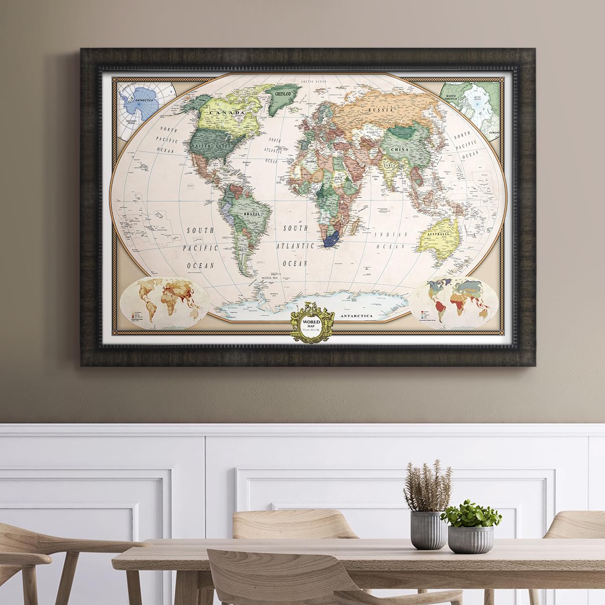 Renditions Gallery Colorful World Map Canvas Wall Art with Charcoal Black Frame Wall Hanging Travel Map with Push Pins for Home, Office, Classroom
