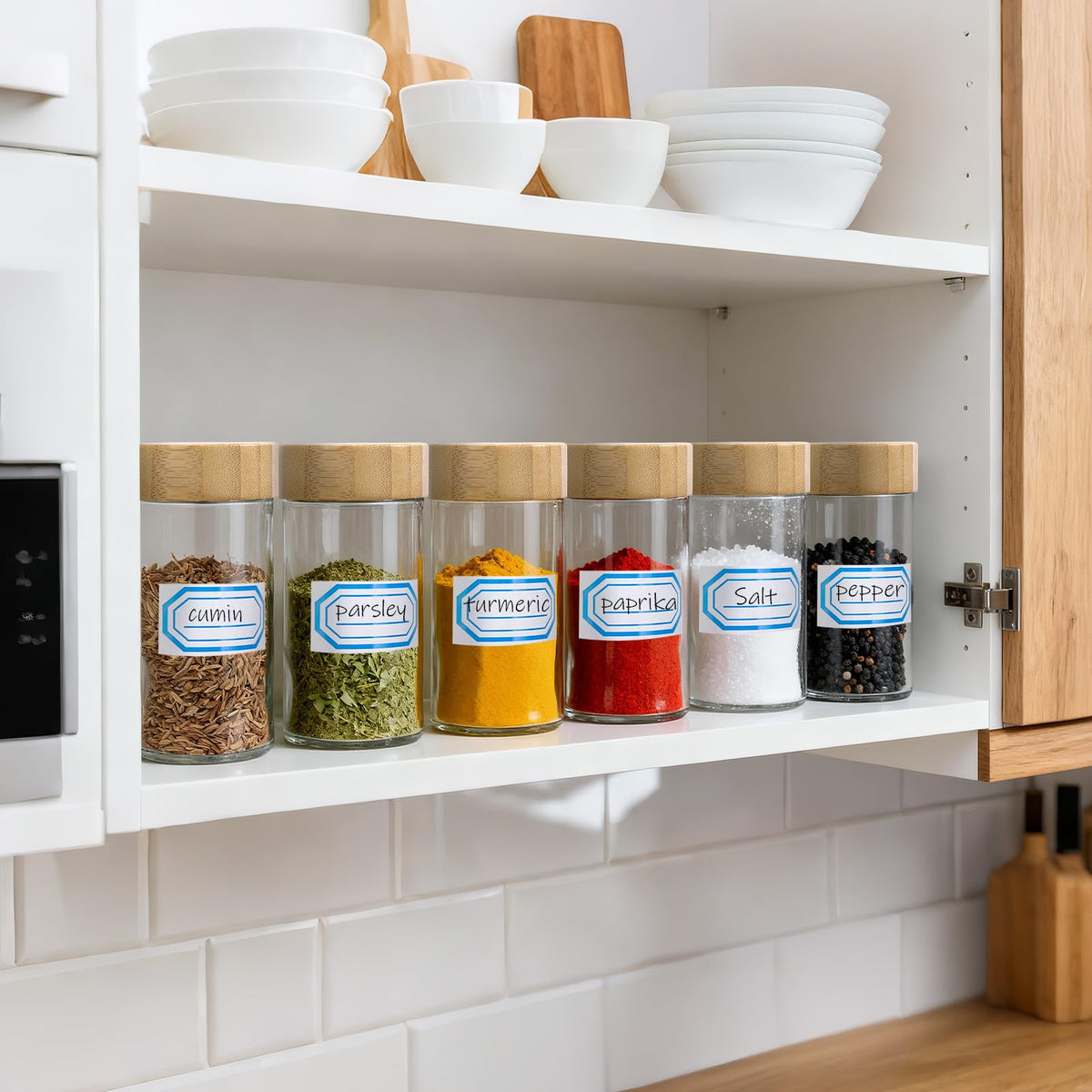 Segarty 3oz Round Spice Containers with Bamboo Shaker Lids, 3 PCS 90ml Spices Jars, Empty Glass Seasonings Organizers for Condiment Herb Storage, Small Salt and Pepper Shakers with 7 Stickers, 1 Brush