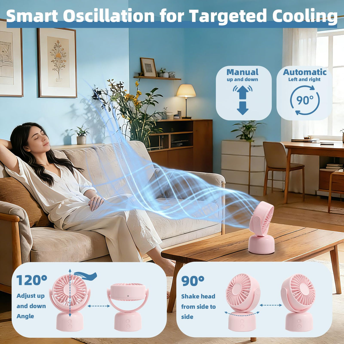 Mizong Small Oscillating Desk Fan USB Rechargeable 3 Speed Portable Mini Cooling Fan Quiet Personal Fan for Home Office Bedroom