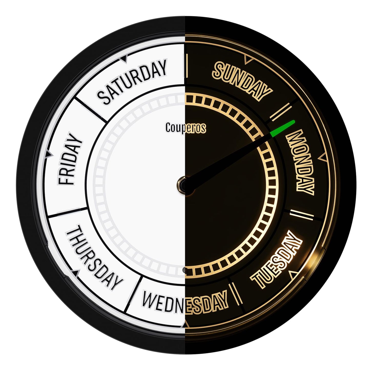 Couperos Day of The Week Wall Clock with Night Light - 12" Analog Silent Non-Ticking Clock with LED Night Light, Calendar Day Clock Perfect for Home, Office, and Retirement Gifts