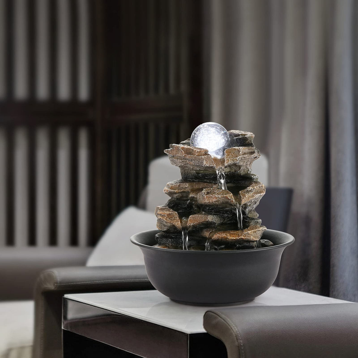 WICHEMI Tabletop Fountain Warer Fountains Indoor Waterfall Fountain Indoor Relaxing Water Feature Meditation Fountains with LED Light for Home Office Bedroom Decor (Style 5)