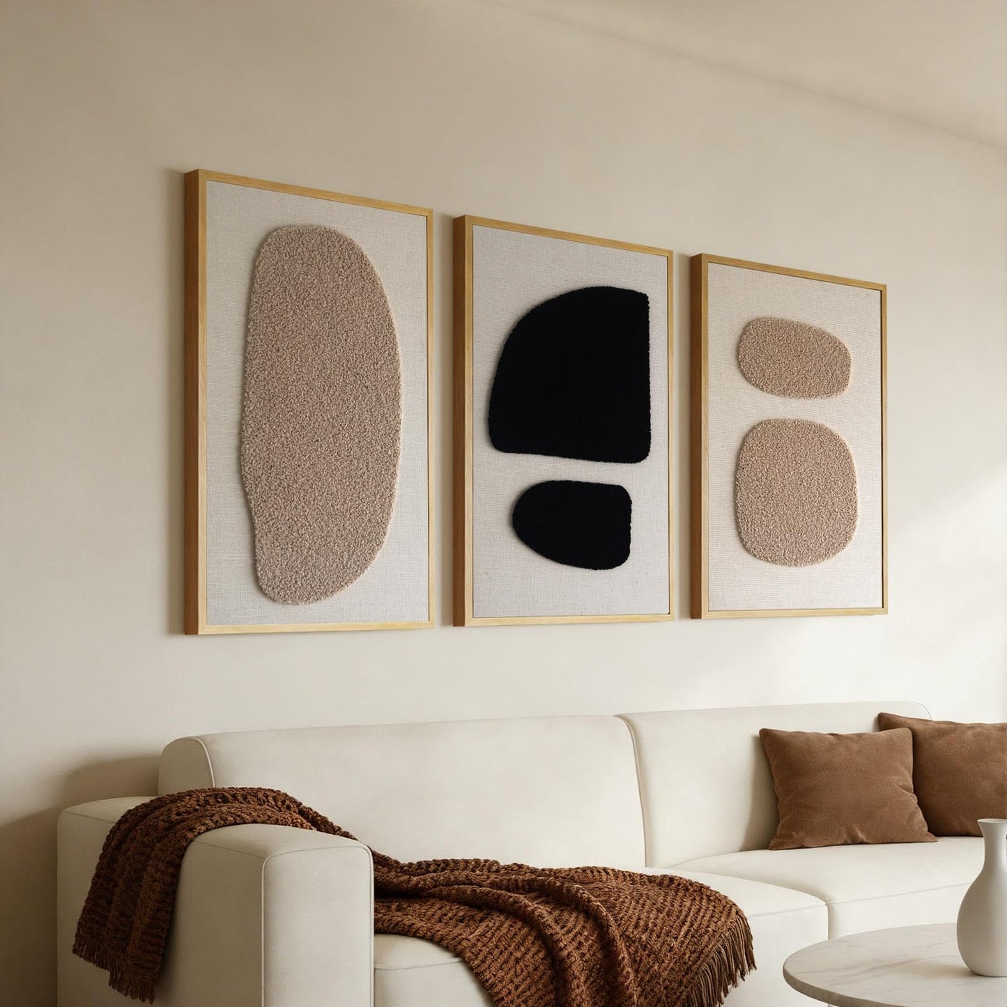 3D Textured Wall Art Bedroom, Set of 3 Abstract Geometric Minimalist Picture, Framed Linen Canvas Artwork for Living Room Office