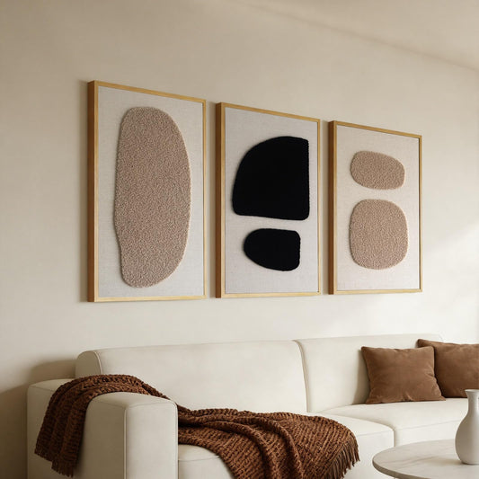 3D Textured Wall Art Bedroom, Set of 3 Abstract Geometric Minimalist Picture, Framed Linen Canvas Artwork for Living Room Office