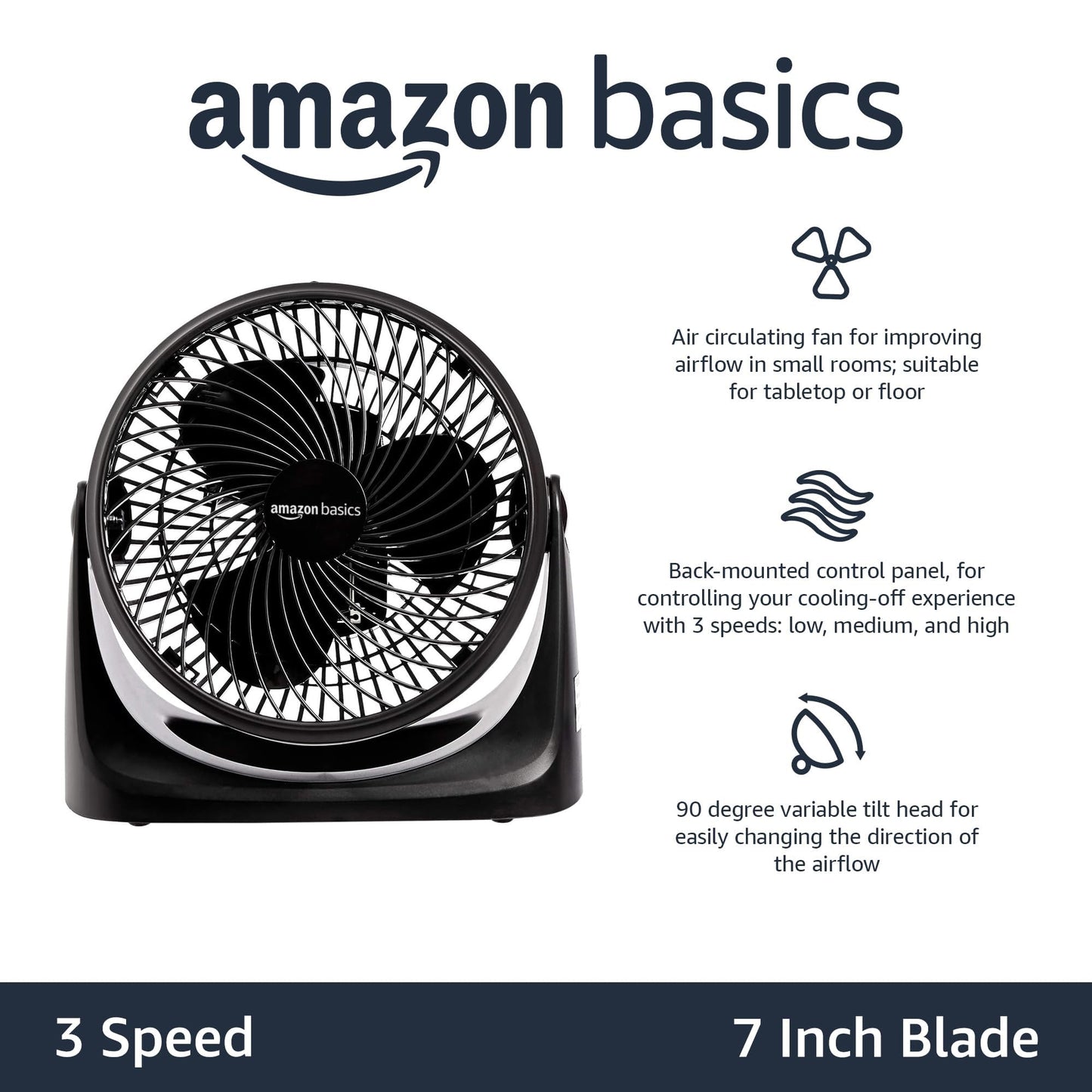 Amazon Basics Air Circulator Desk Fan for Bedroom, Home and Office, 90-Degree Tilt Head, 3 Speed Settings, Cooling, 35 Watts, Black, 11.1"W x 6.3"D x 10.9"H