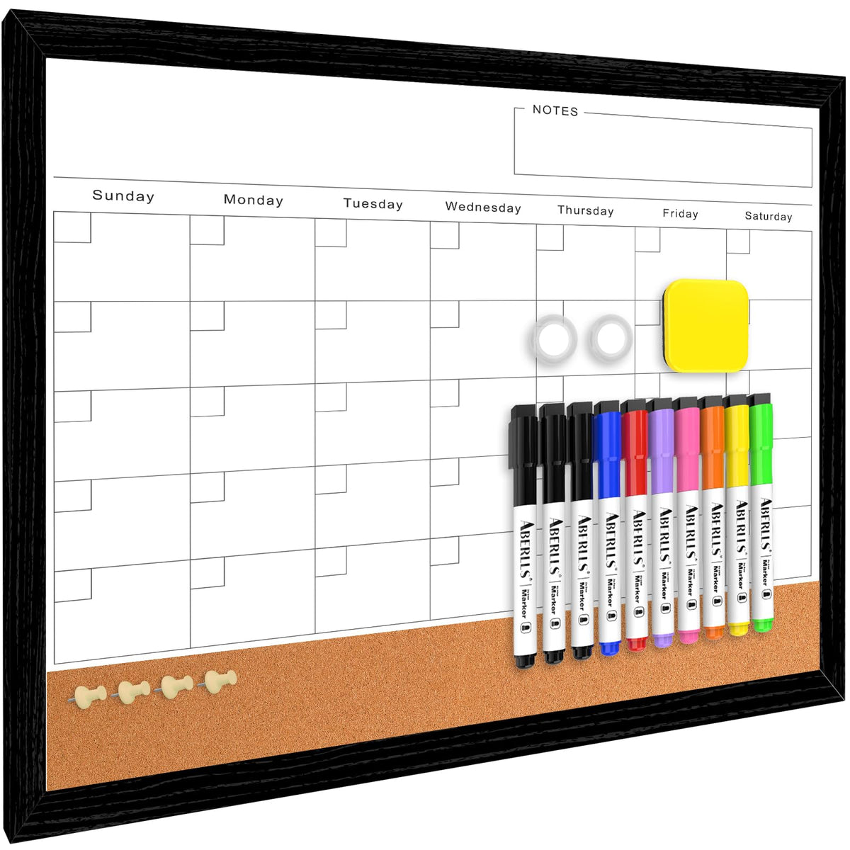ABERLLS Monthly Calendar Dry Erase Board for Wall, 17''x13'' Whiteboard with Black Wood Framed, Magnetic White Boards, 2in1 White Board Cork Board Combo