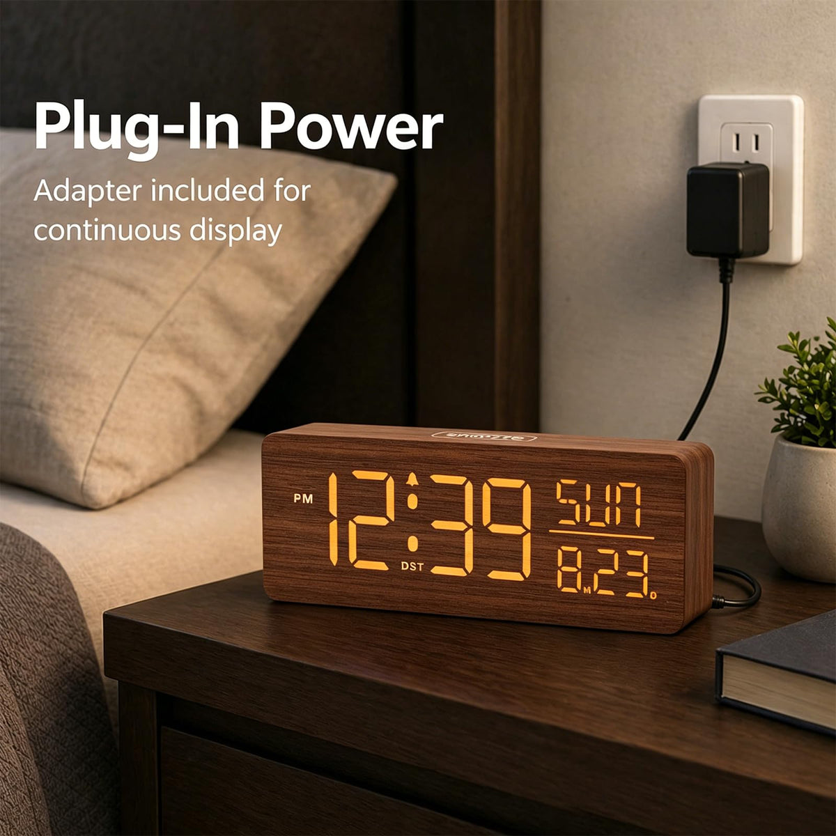 Peakeep Wooden Digital Alarm Clock Large Display, Textured Desk Table Decoration for Bedroom, Living Room, Plug in Clock with Time Date Day, 5 Brightness, Auto DST