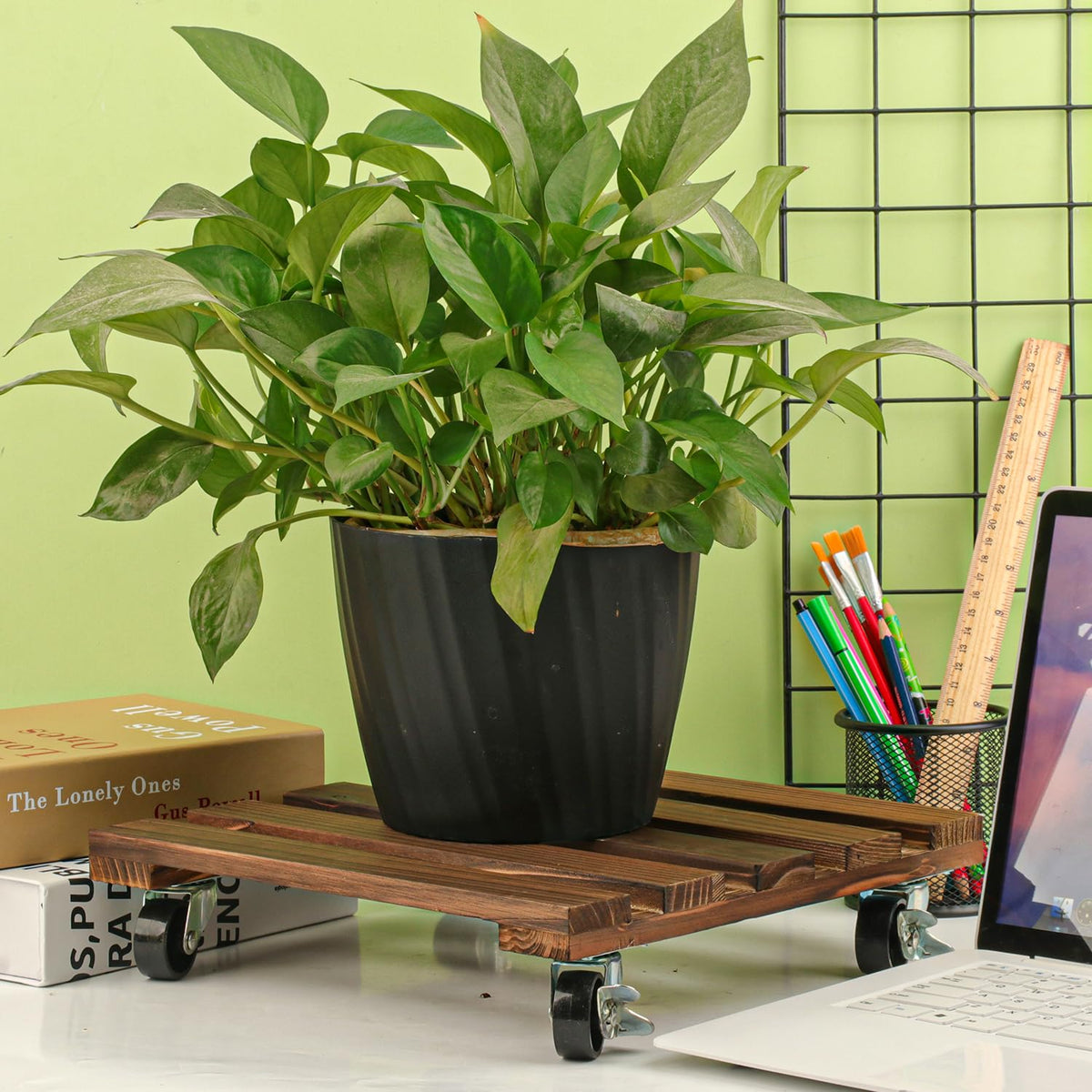 Yiksonyo 12 Inch Wooden Plant Caddy with Wheels, 4 Pack Rolling Plant Stand, Heavy Duty Indoor Outdoor Use, 360° Lockable Casters, Brown, Supports 132 lbs