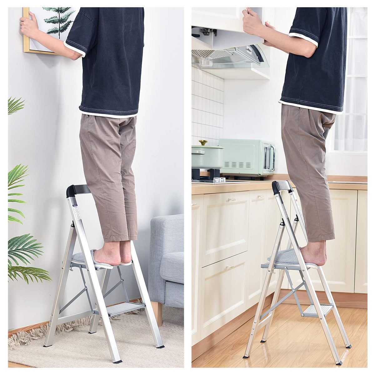 KINGRACK Aluminium 2 Step Ladder, Lightweight Step Stool with Non-Slip Pedals, Handrail, 330LBS Foldable Step Ladder for Kitchen, Garage, Home, Space Saving, Sturdy and Portable, Silver