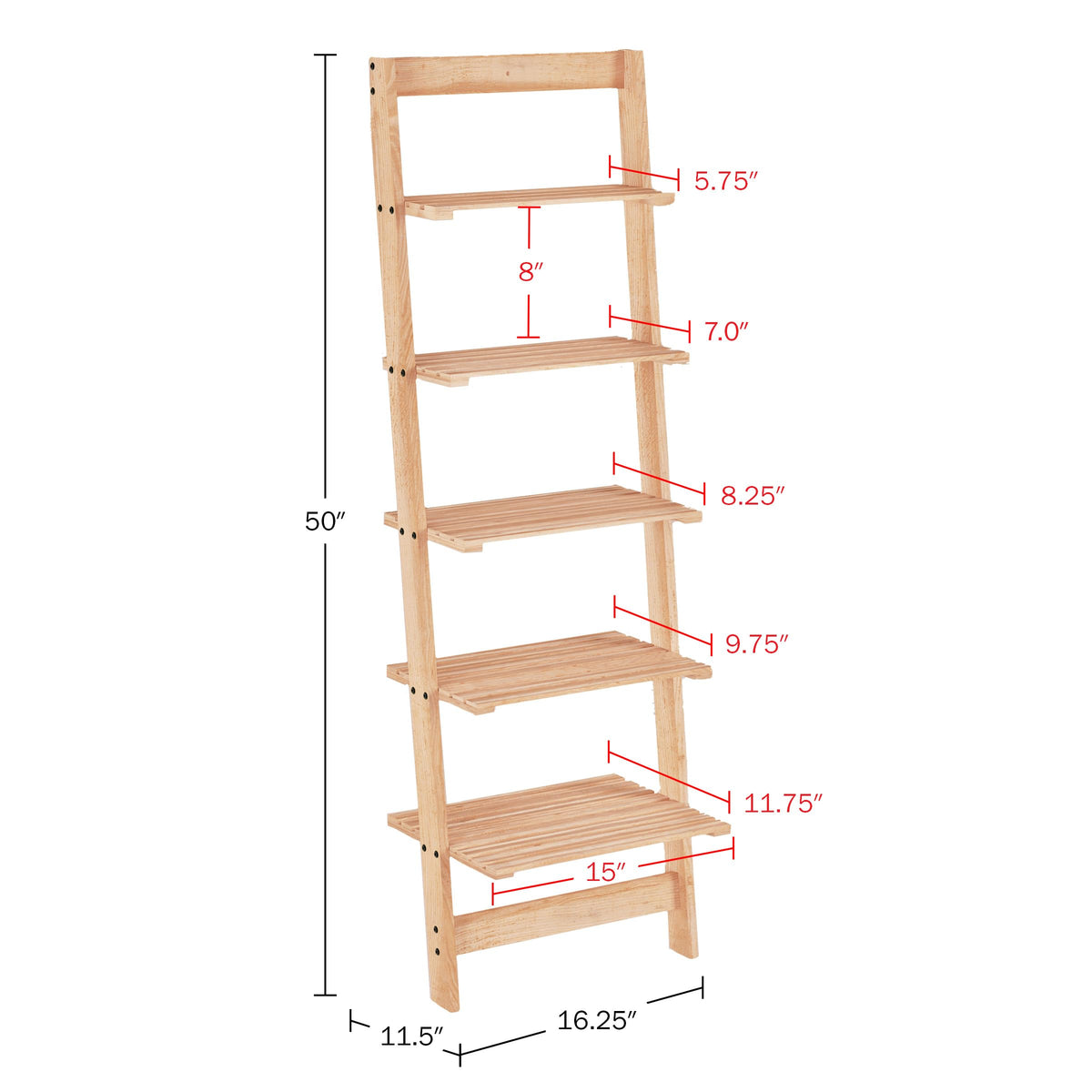 5-Tier Ladder Shelf - 50-Inch Narrow Leaning Bookshelf - Wooden Bookcase for Living Room, Bathroom, Kitchen, Office, or Bedroom Furniture by Lavish Home (Oak)