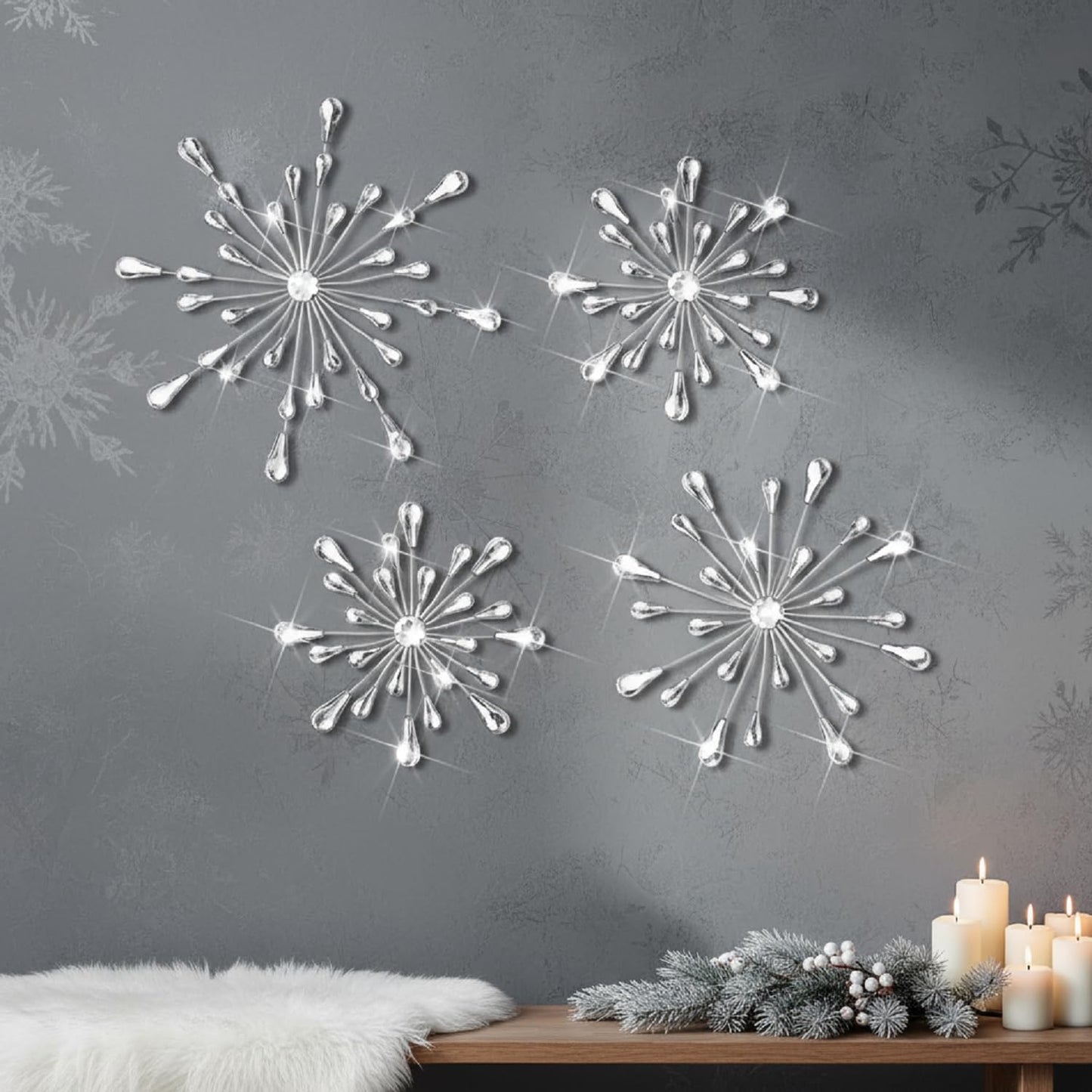 Hicarer 4pcs 3D Silver Metal Starburst Wall Decor Bling Crystal Wall Art Cast Iron Rhinestones Sunburst Decor Jeweled Hanging Glitter Diamond Accents Home Decorative for Living Room Bedroom Entryway