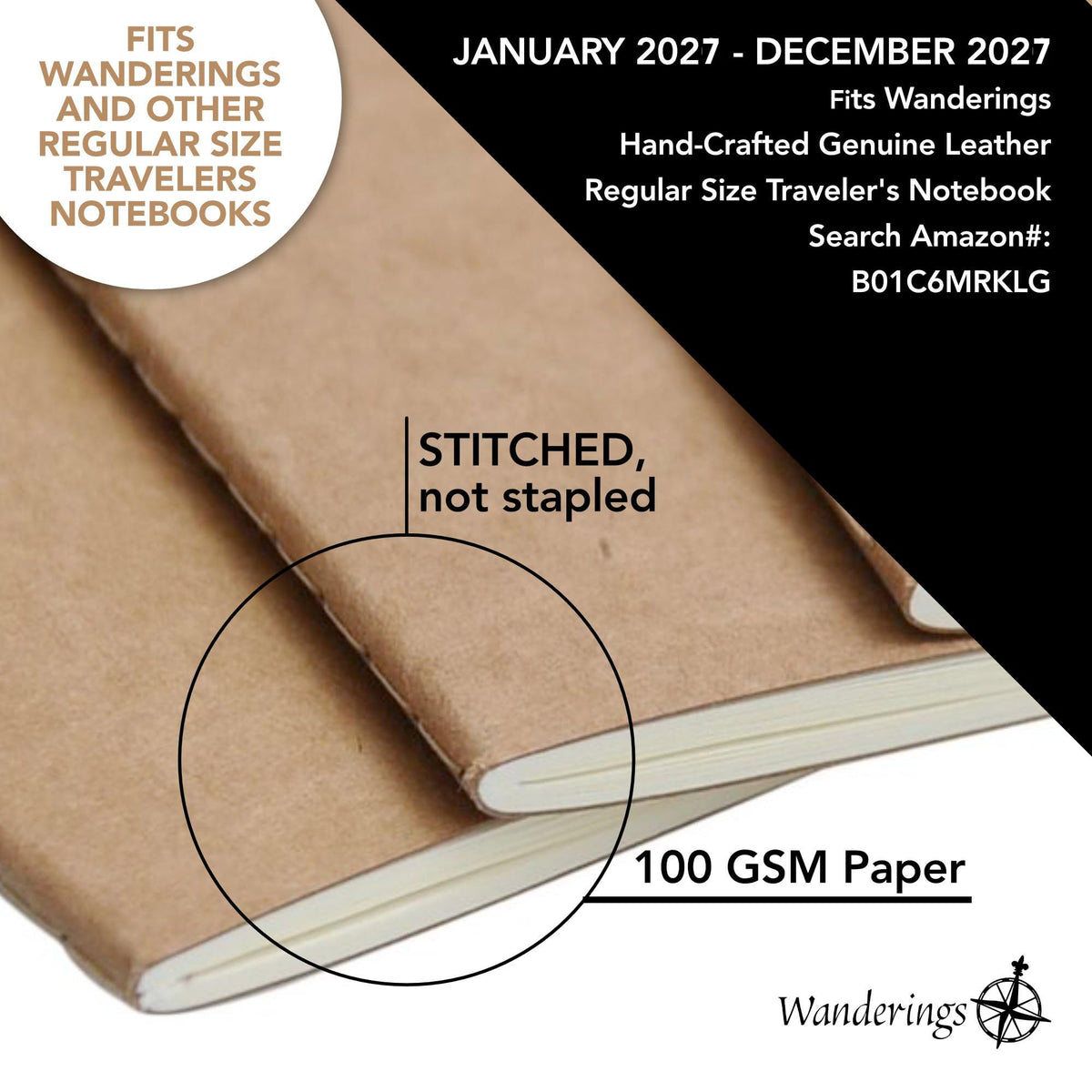 Wanderings Traveler's Notebook Calendar Refill Inserts - 4.25 x 8.25" (11cm x 21cm) - January 2027 - December 2027- Calendar Planner Refills For Leather Travel Journals, Diaries and Planners