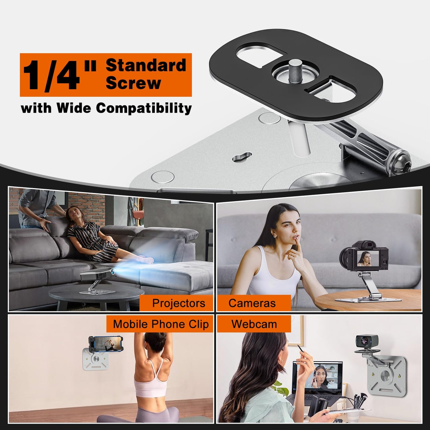 BAISHUN 3-in-1 Projector Stand – Desk, Wall and Ceiling Mount with 1/4-Inch Thread, Foldable, Easy Setup, Height Adjustable and 360-degree Rotation Compatible with Most Projectors for Home, Office