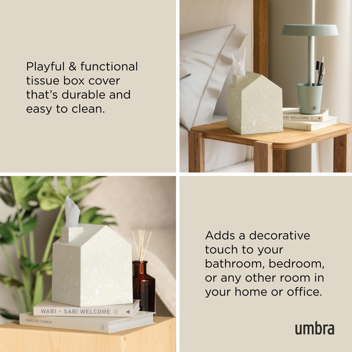 Umbra Casa Tissue Box Cover – Modern House-Shaped Tissue Box Holder for Standard Square Boutique Tissue Boxes, Ocean Plastic, Bathroom & Home Décor, Ocean Sand