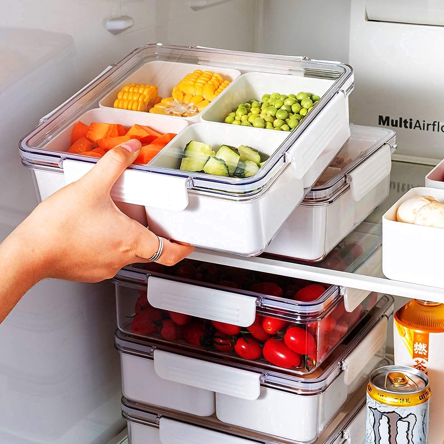 MineSign 2Pack Divided Veggie Tray with Lid Snackle Box Serving Container Salad Keeper with 4 Removable Boxes Stackable Refrigerator Organizer Bins Produce Saver for Meal Prep Fruit