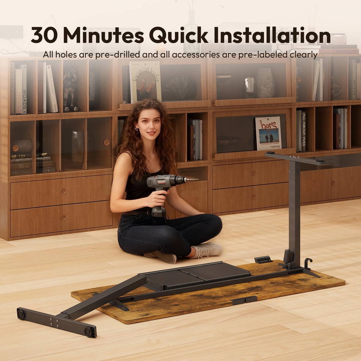 Gamork Electric Standing Desk with Drawers,48x24 inches Height Adjustable Sit-Stand Desk with Storage Shelf,3 Preset Heights,Equipped with Hooks,Ergonomic Gaming Table for Home and Study，Brown