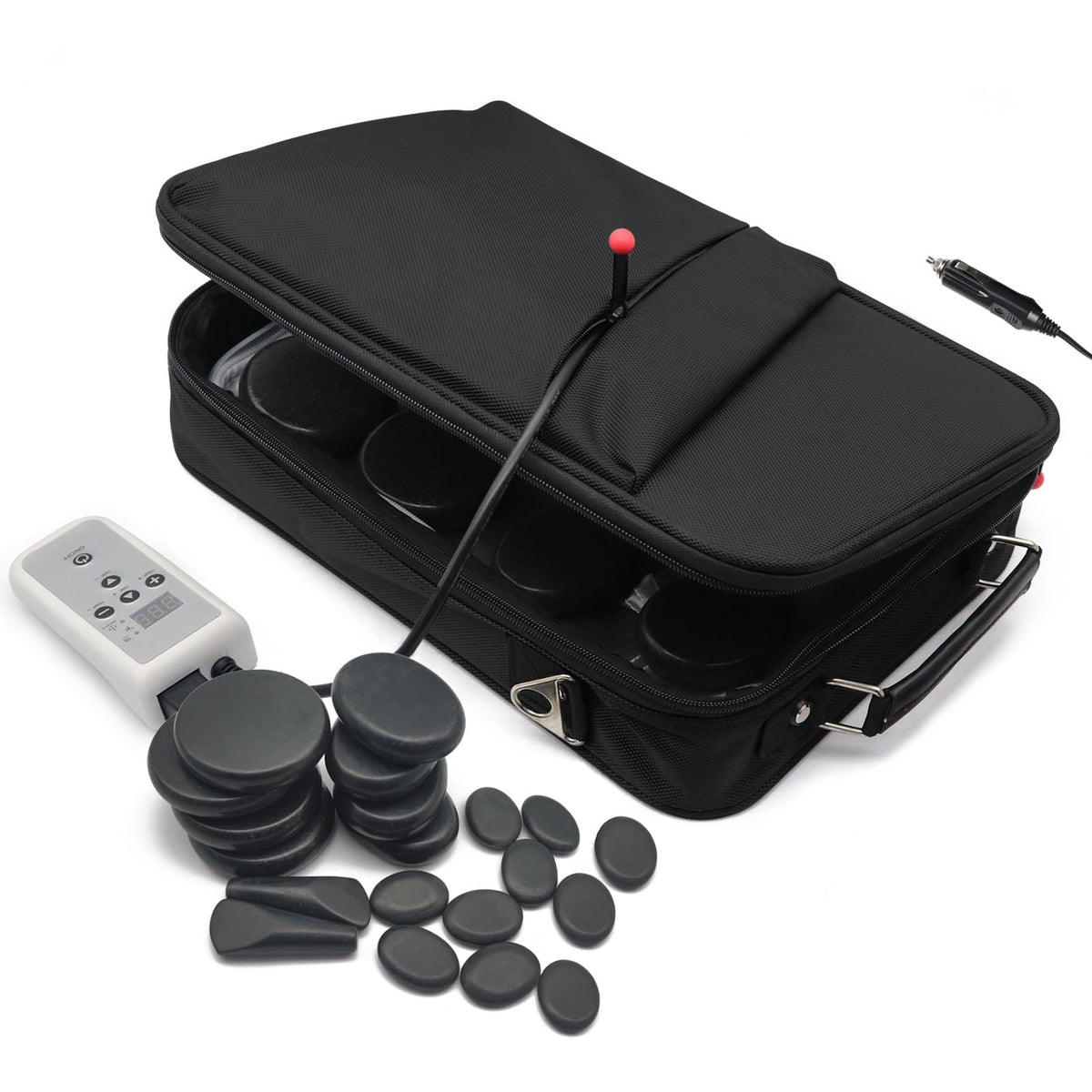Goodtar Portable Massage Stone Warmer Set, 20 Pcs Basalt Hot Stones with Heater Kit, Electric Hot Stones Warmer Massager for Professional/Home Spa, Digital Controller Heating Travel Bag (Black)