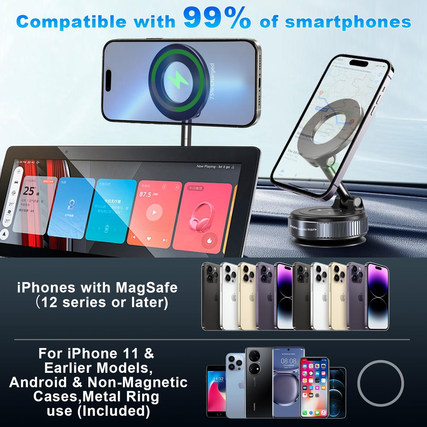 KALVATAY Vacuum Magnetic Phone Holders for Your Car, 360° Adjustable Car Phone Holder for Magsafe with Powerful Magnet, Folding Car Mount for iPhone 17 Pro Max 16 15 14 13 12 Air Plus & Android