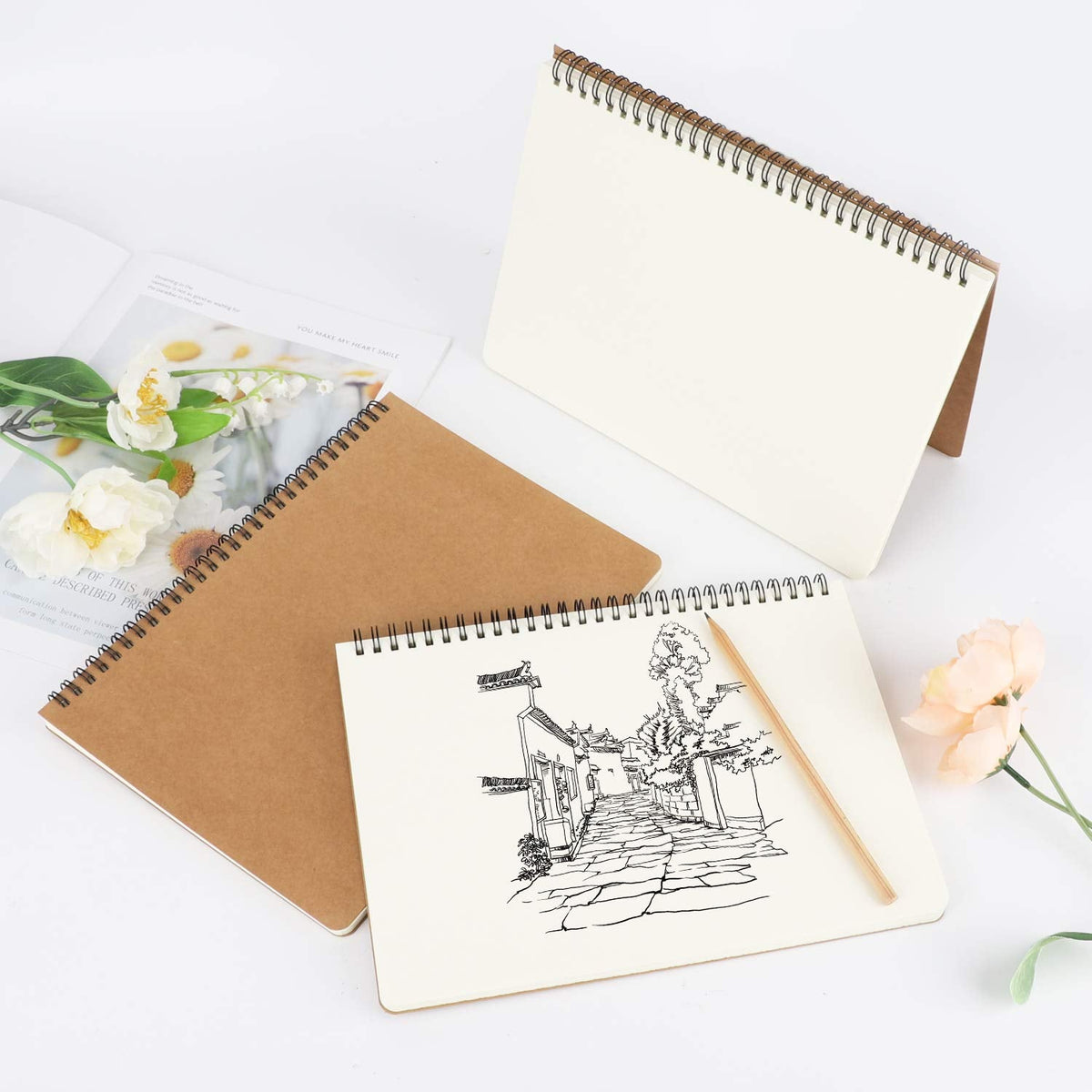 EUSOAR Spiral Blank Notebooks, B5 3 packs 7.3"x10.2" Unlined Travel Writing Notebooks Journal, Memo Notepad Sketchbook, Students College Office Business Subject Diary Spiral Book Journal-Kraft Cover