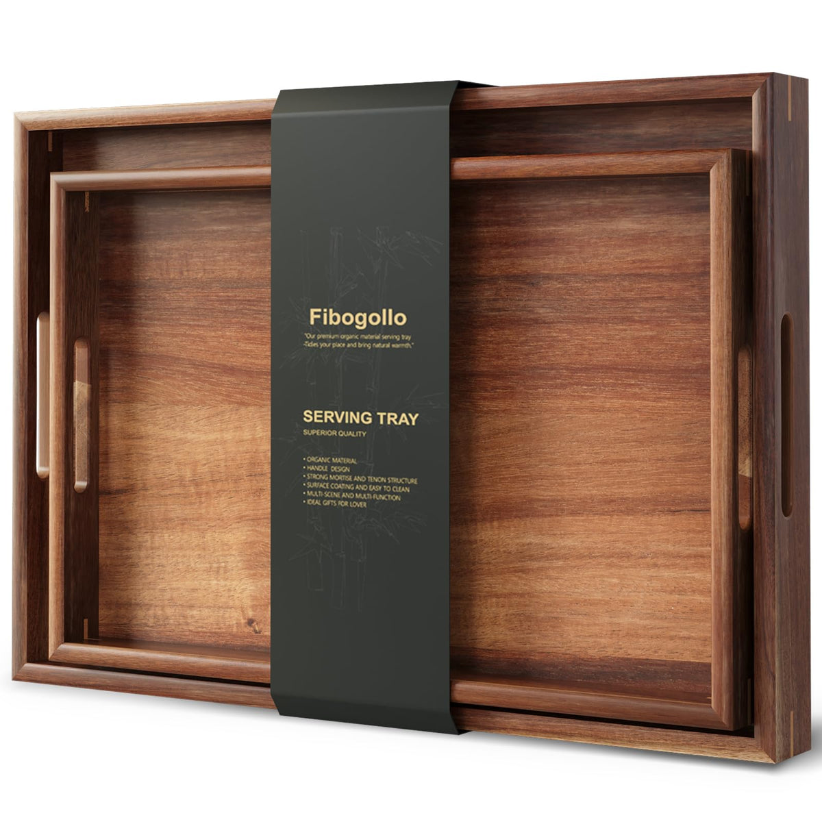 Fibogollo Set of 2 Acacia Wood Serving Tray with Handles,Decorative Trays Platter,Breakfast Tray in Bed,Food Drinks Tray for Eating,Working,Storing(Brown)