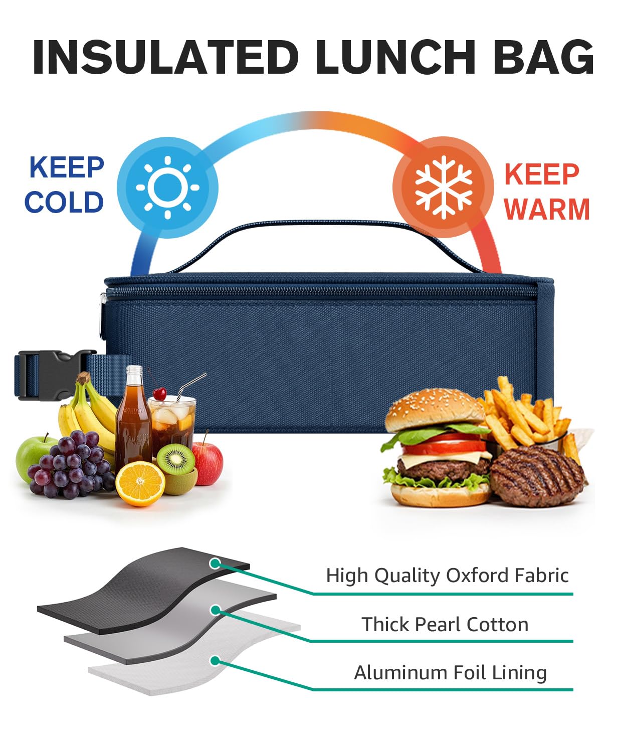 HowFly Small Lunch Bag - Insulated Lunch Box Bag for Women Men - Portable Thermal Reusable Meal Cooler Bags with Buckle Handle for Work School - Navy Blue