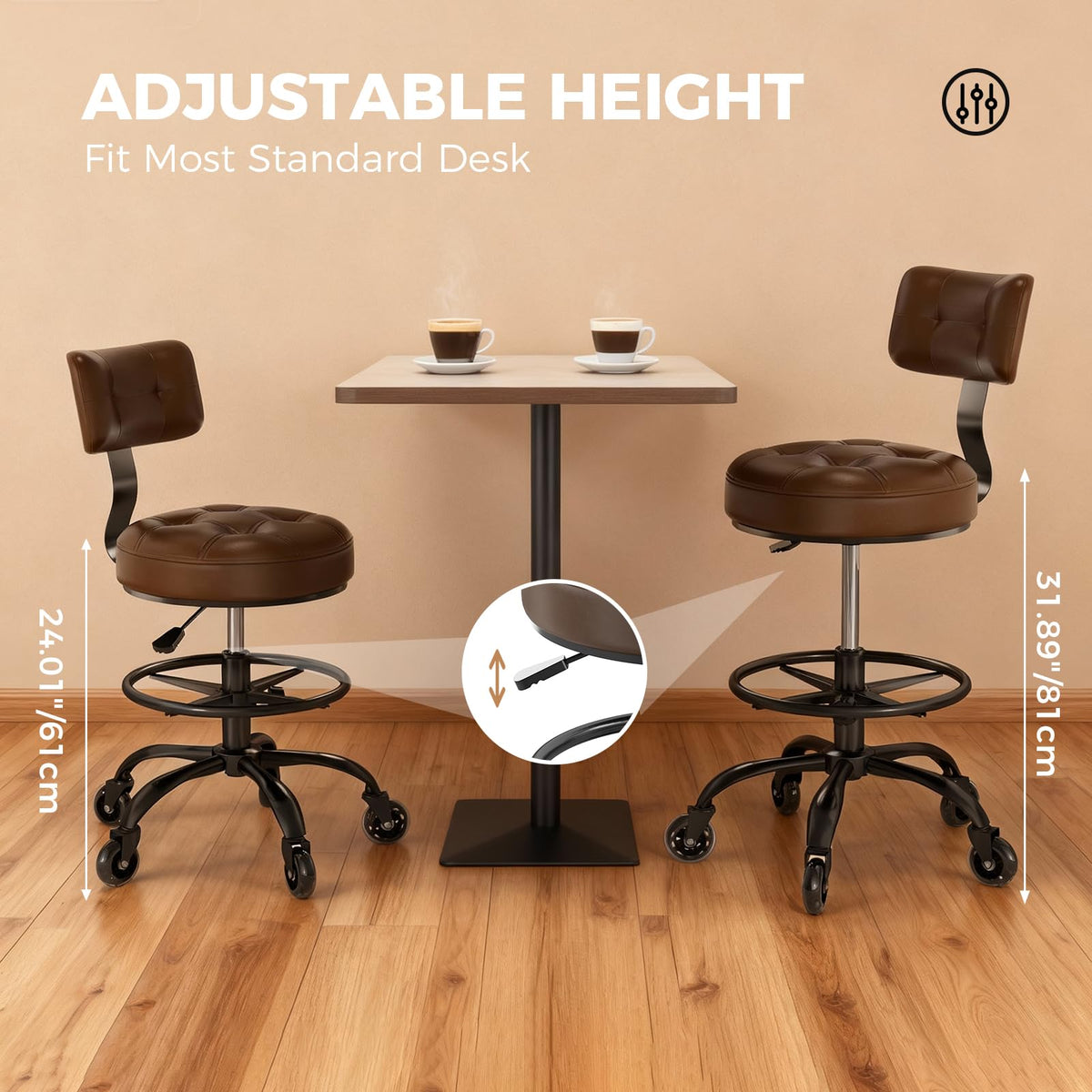 FREEKYROCK Office Drafting Chair with Footrest, Tall Height Adjustable Stool with Back Support, Heavy Duty Rolling Stool Chair with Wheels for Office Home Kitchen Bar Shop Guitar Studio Vanity, Brown
