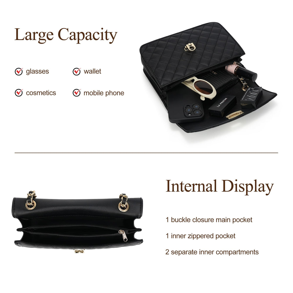 GEMIU Quilted Crossbody Purse for Women Small Women's Shoulder Handbags Womens Clutch Purses with Gold Chain Dressy Black