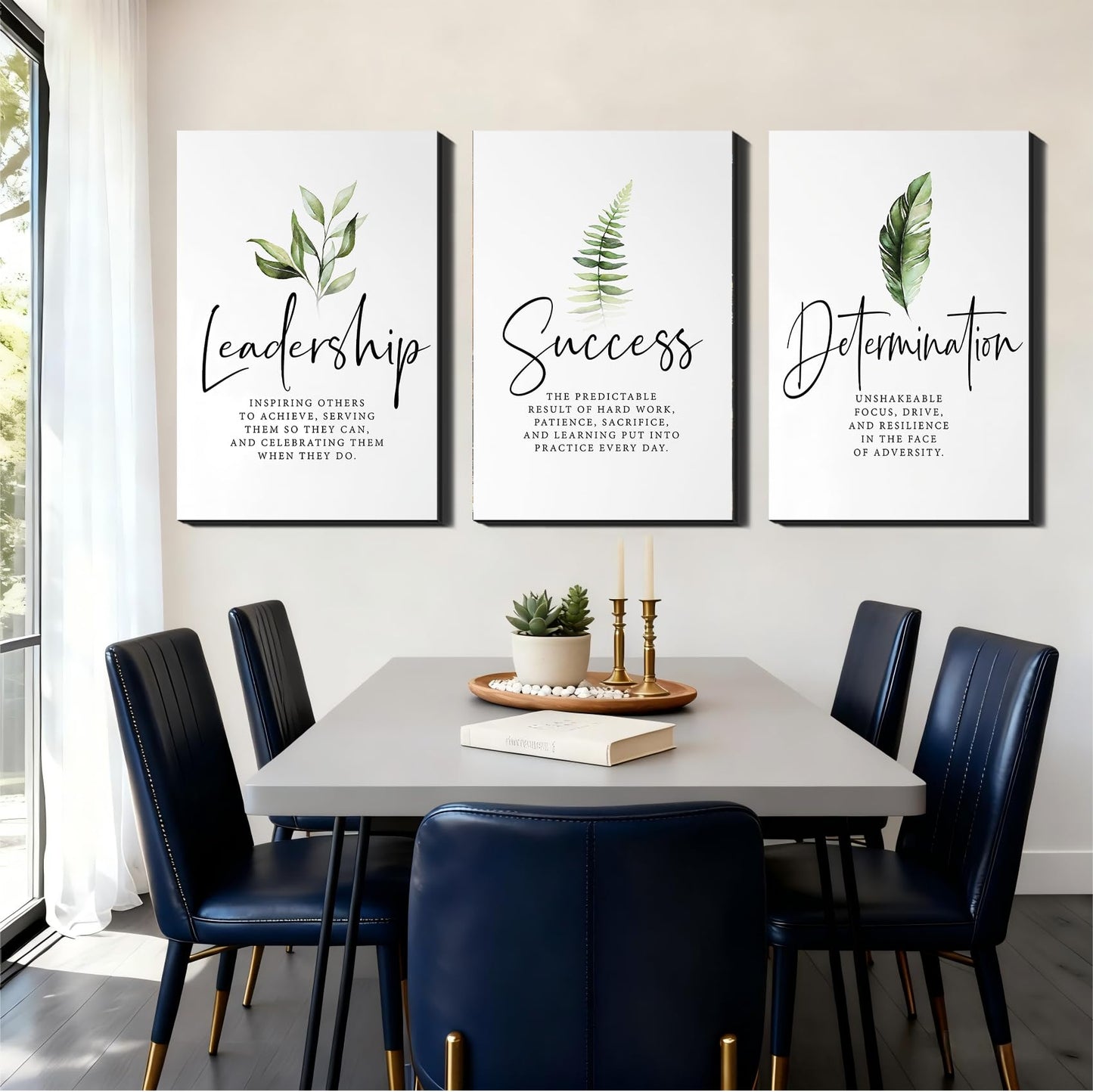 Set of 3 Framed Canvas Art - Motivational Office Wall Decor, Leadership/Success Quotes with Leaves, Inspirational Prints for Bedroom, Framed Positive Vibe Wall Art