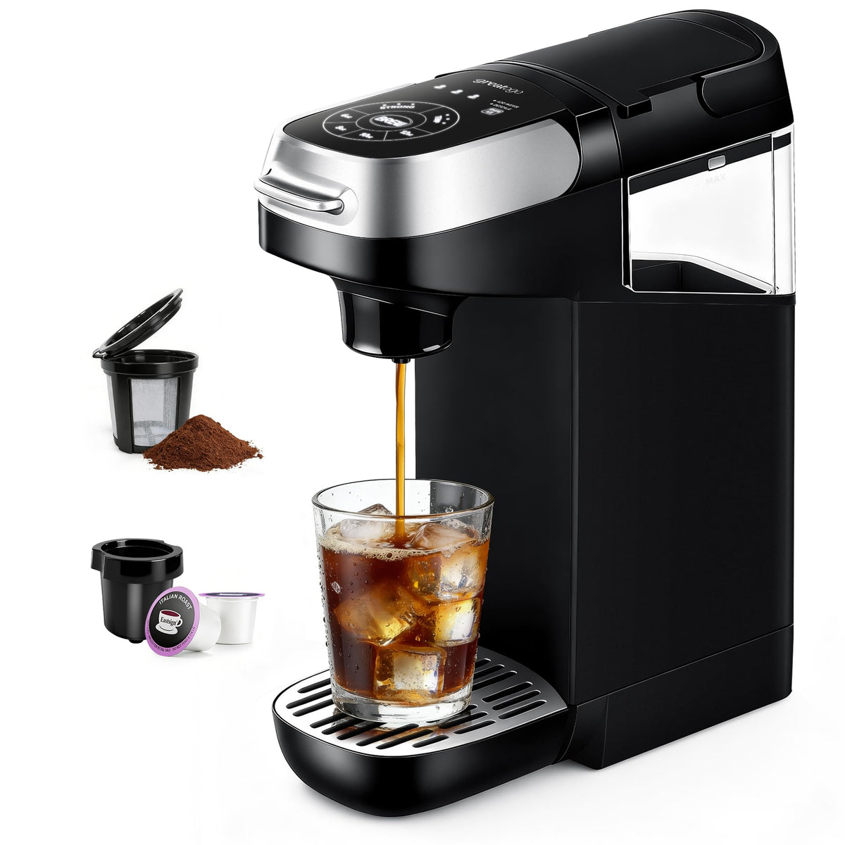 Greatogo Small Single Serve Coffee Maker for K Cup and Ground Coffee, Fast Brew One Cup Coffee, 6 to 12 oz. Brew Sizes, Machine with Descaling Reminder and Water Window, Black