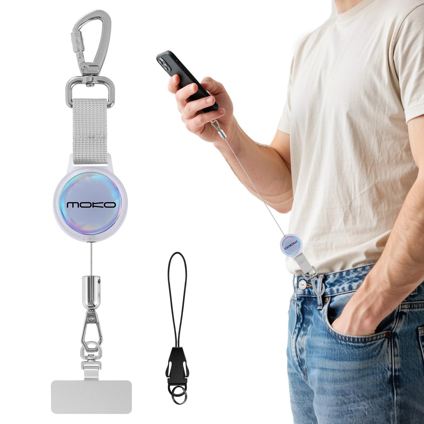 MoKo Anti-theft Phone Tether, Universal Phone Lanyard Retractable Steel Line Cellphone Strap with Locking Carabiner and Metal 360° Tether Tab for Outdoor Hiking Climbing Fishing, Transparent & Silver