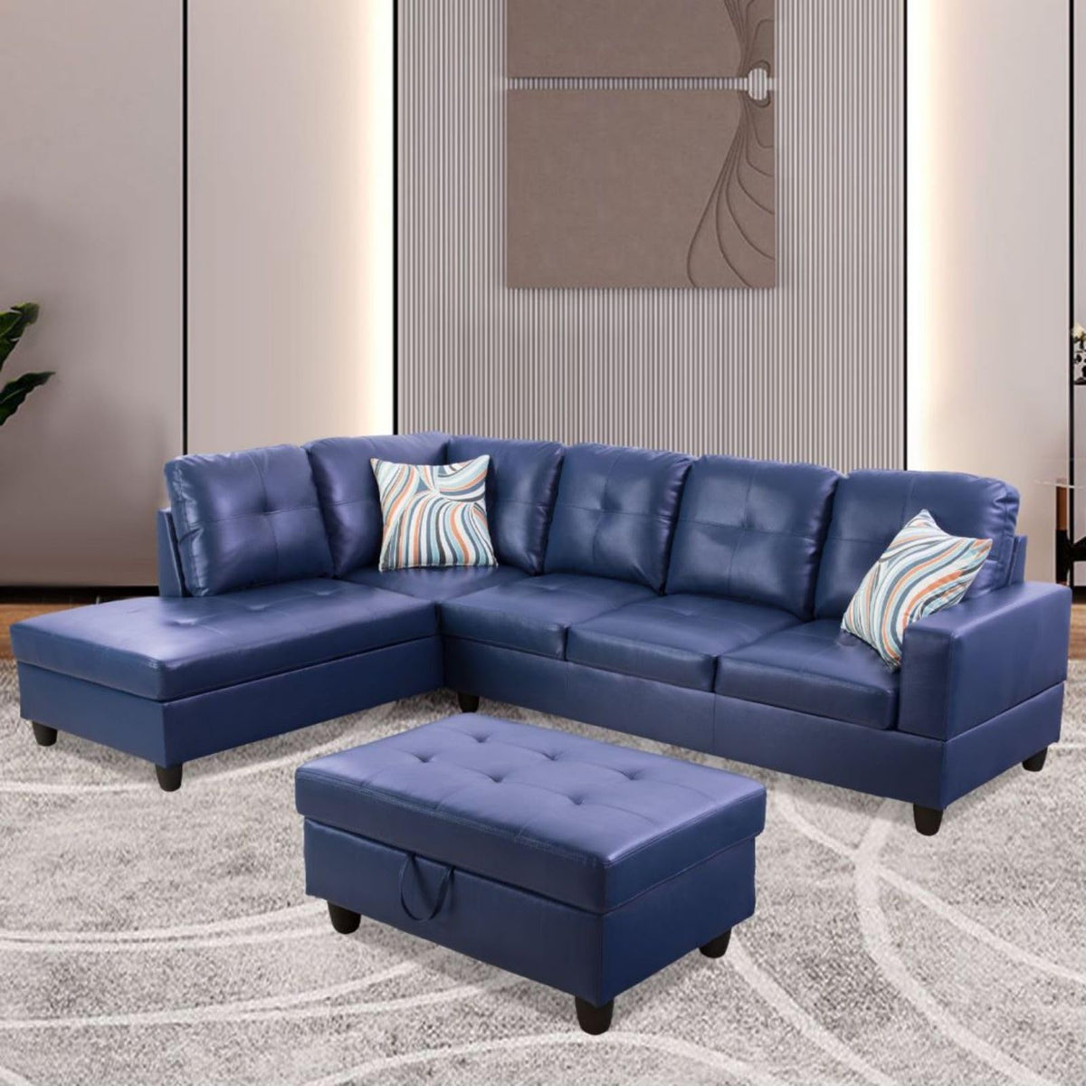 UOCFYK L-Shaped 3-Piece Semi PU Synthetic Leather Sofa with Storage Ottoman Set, Sectional Couch Sofa Set for Living Room, Office, Small Space, Blue