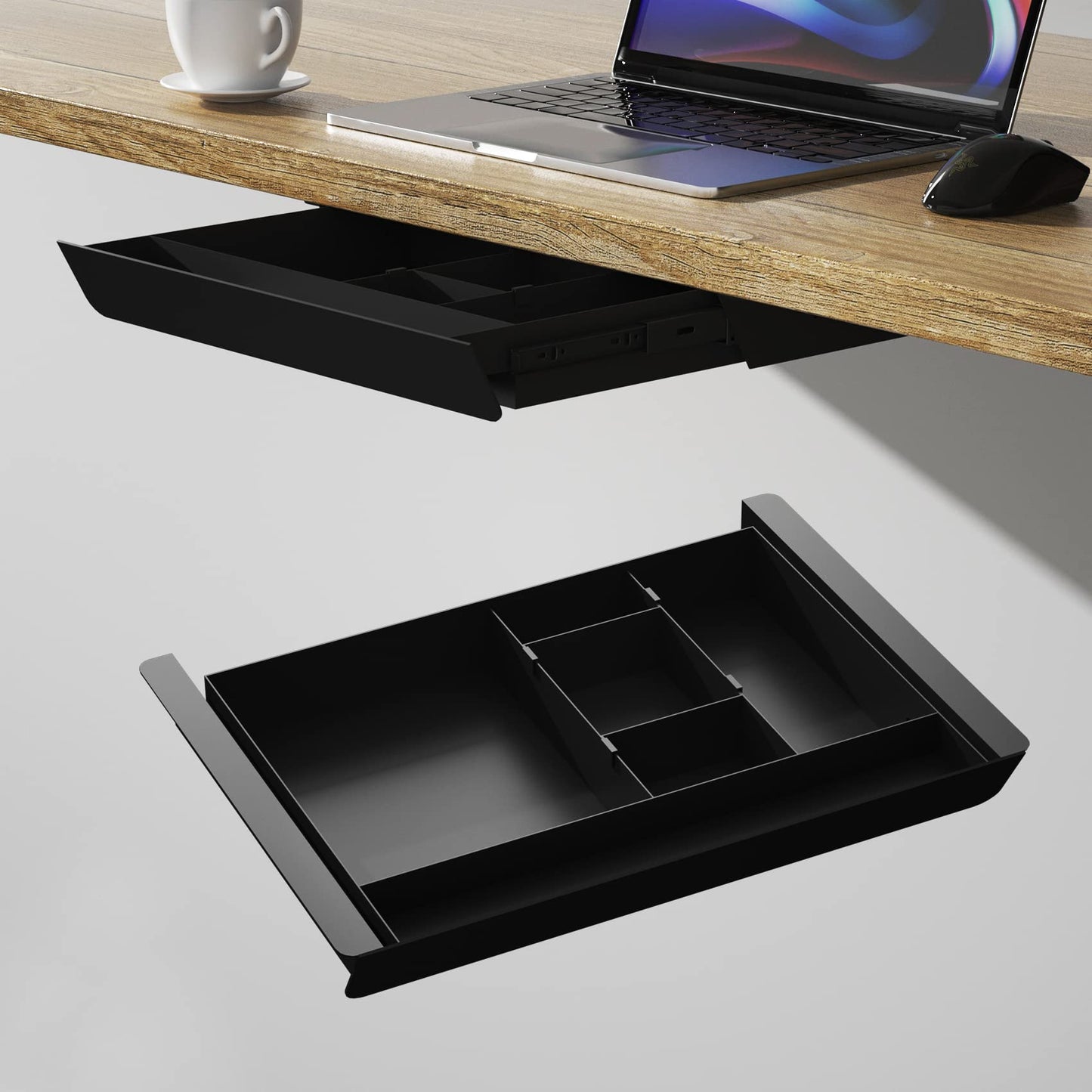Gaxomo Under Desk Mounted Sliding Pull-out Drawer with Pencil Tray and Slide Storage Tray, 17'' long & 13.5'' deep Large Storage Organizer for Sit Stand Workstation