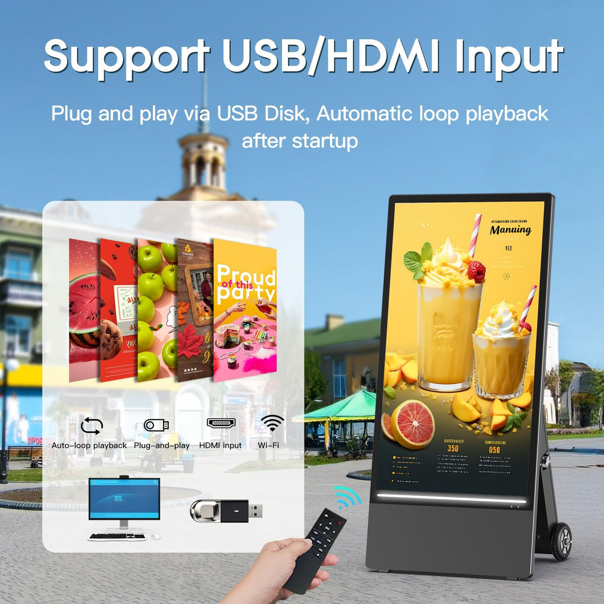 QIXZOCV MWE 43 Inch Outdoor Digital Signage Display, Portable Battery Powered High Brightness Screen Advertising Display Kiosk, Movable Waterproof Standing Poster, Android OS