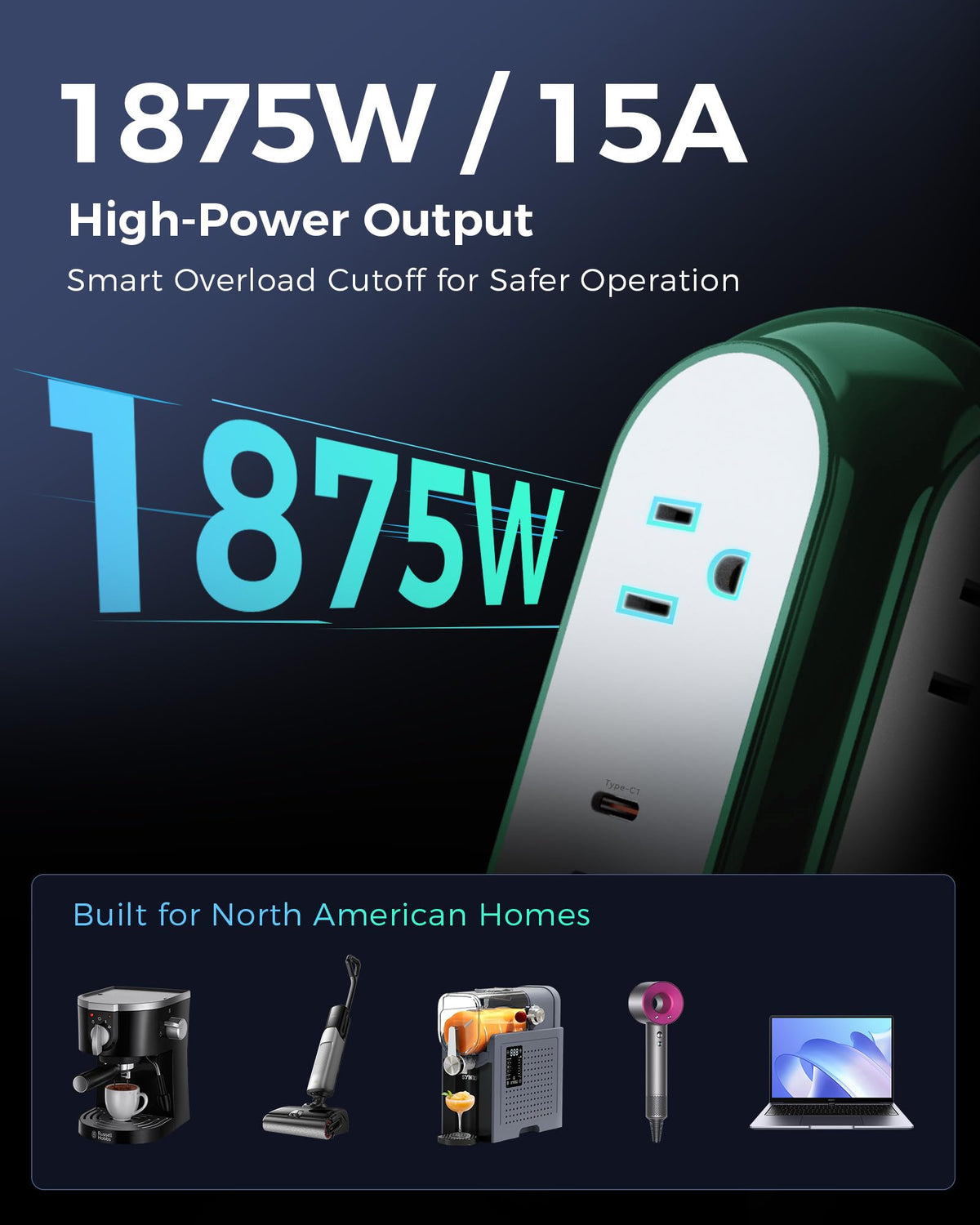 MiaoLab Power Strip Tower with 2 USB-C Ports (30W Fast Charing), 1420J Surge Protector, 4 AC Outlets, 6.6FT Extension Cord with Overload Protection, 1875W/15A Charging Station for Home Office Desk