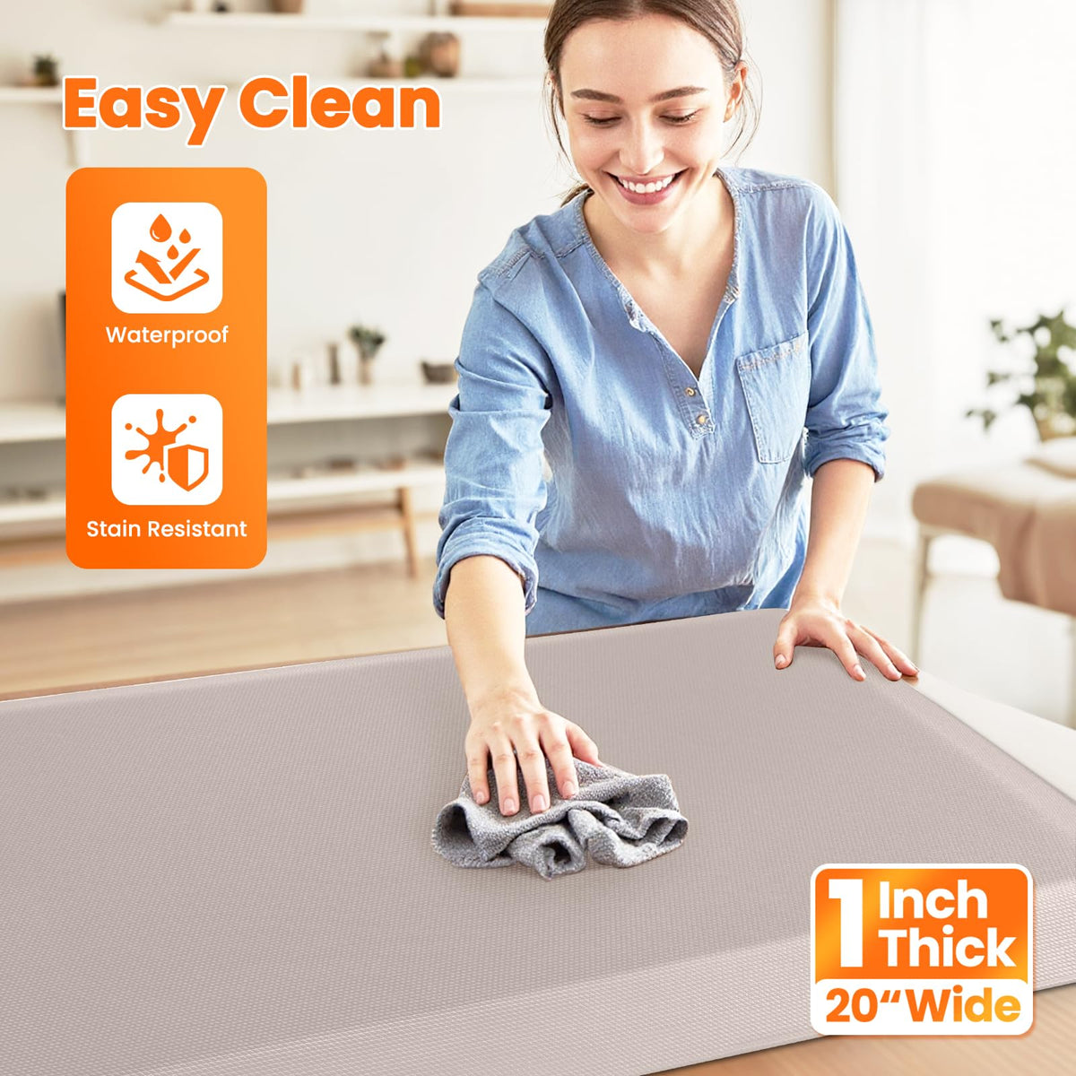 TranquilMoments Kitchen Mats for Floor, 1 Inch Extra-Thick Kitchen Rugs, Non-Slip & Waterproof Standing Desk Mat, Comfort Anti Fatigue Mats for Kitchen Floor, Home, Sink, Office (20" X 32", Khaki)