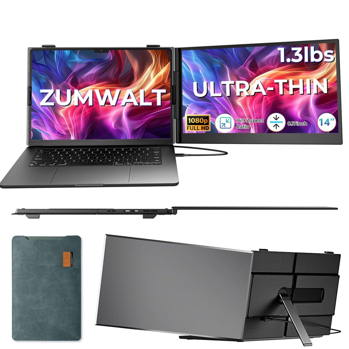 ZUMWALT Laptop Screen Extender, 14" FHD 1080P Dual Portable Monitor for Laptop, Ultra-Thin Travel Monitor Extender Fit 13”-17.3”, Plug and Play Compatible with Windows/Mac/Android/Chrome/Switch