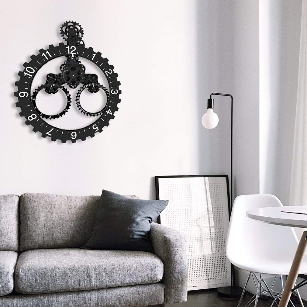 SHISEDECO Hour and Days Display Design Premium Plastic 3D Moving Large Gear Wheel Wall Clock, Perfect for Living Room, Reading-Room, Restaurant, Office Decor (B-Black)