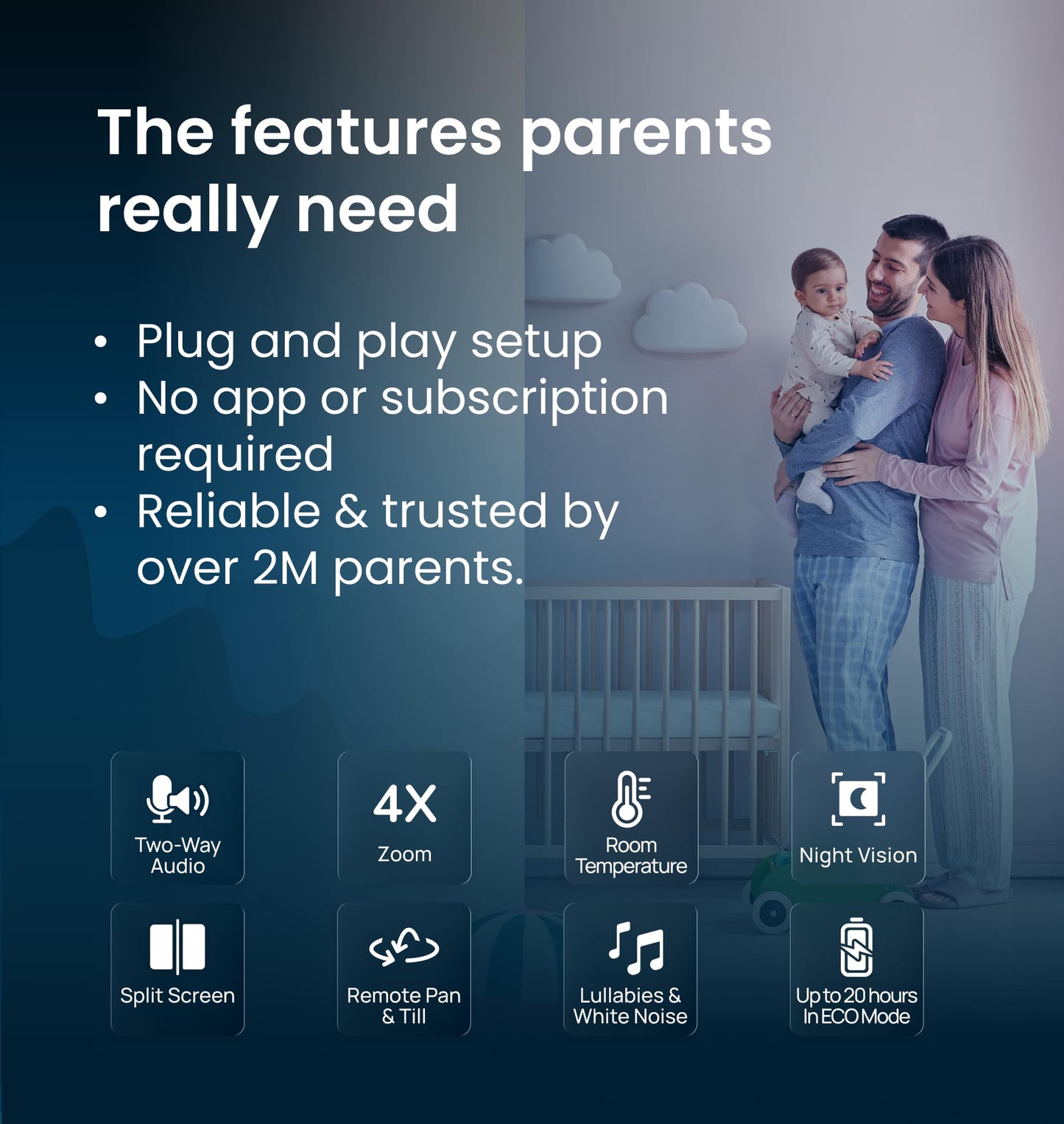 Babysense PRO Full HD 5.5" Split Screen Baby Monitor with 2 Cameras, 6-Color Night Light, White Noise, Sound & Light Machine, 20-Hour Battery, Hack-Proof Non-WiFi Secure Connection