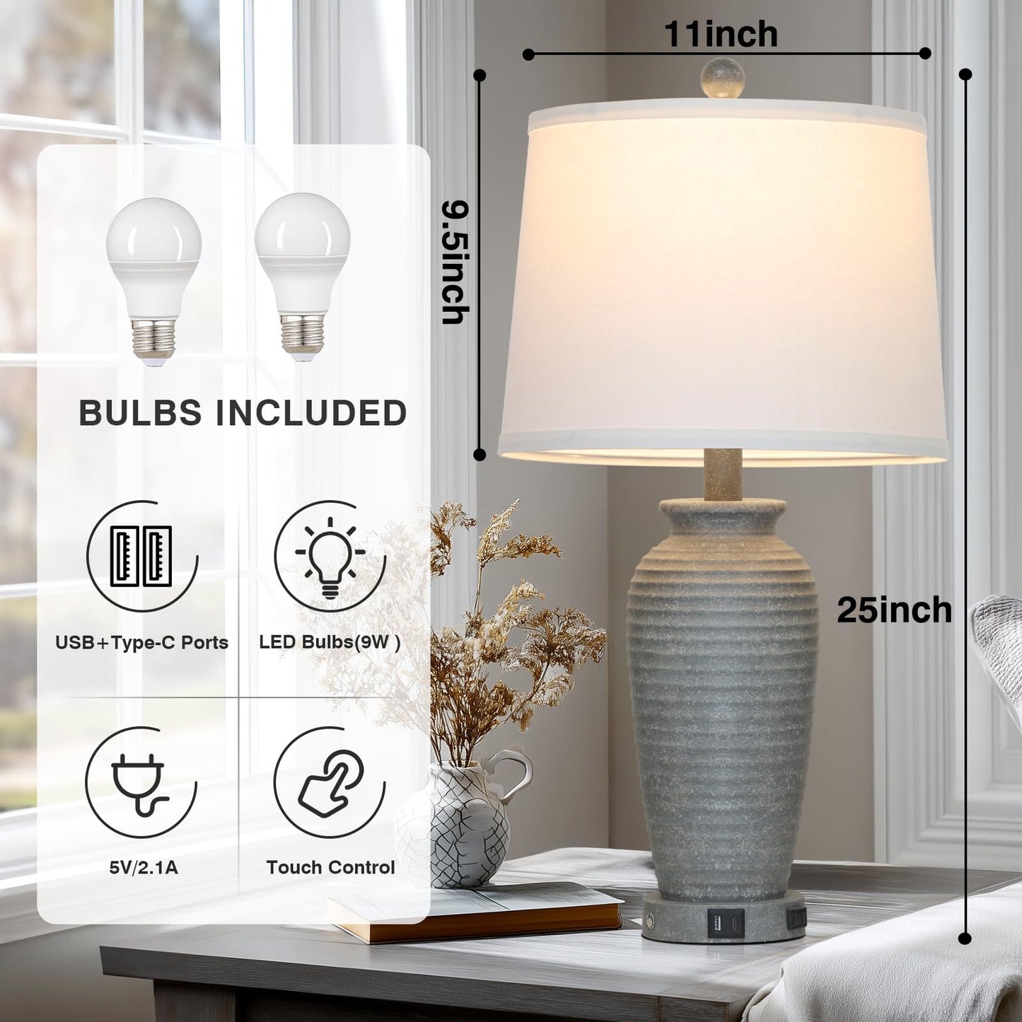 CINSARY 25" Grey Farmhouse Jar Table Lamps, 3 Way Touch Control Rustic Bedside Lamps with USB A+C Ports & AC Outlet, Pot Nightstand Lamps for Bedroom End Table (LED Bulbs Included)