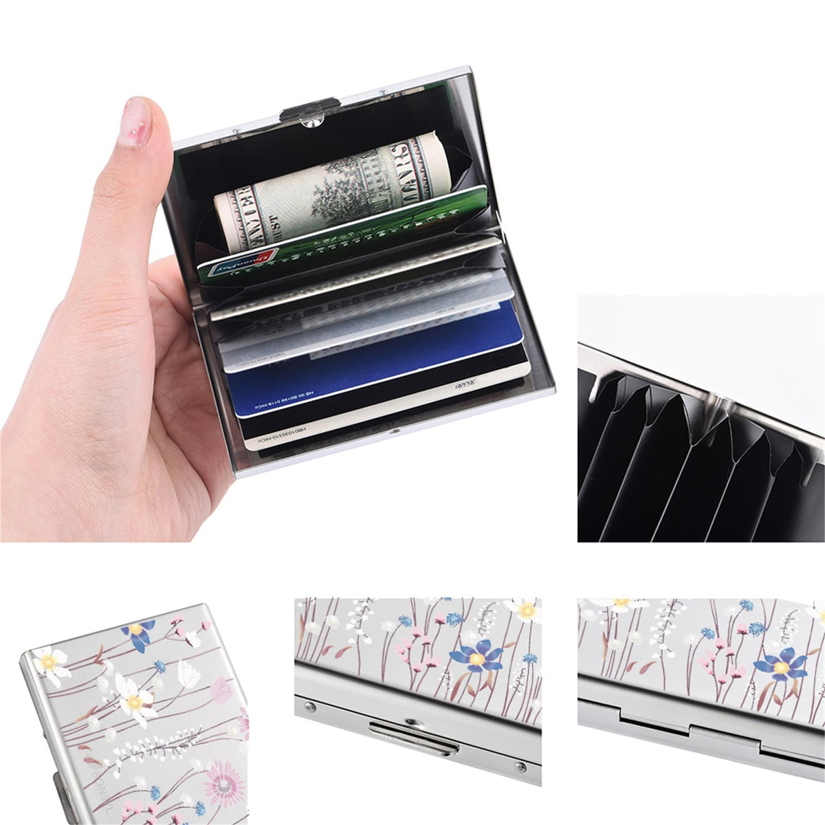 BONSYL® RFID Blocking Credit Card Holders, Slim Metal Credit Card Case Wallet with 6 Slots for Women or Men. (6 Card/Silver/Flower)