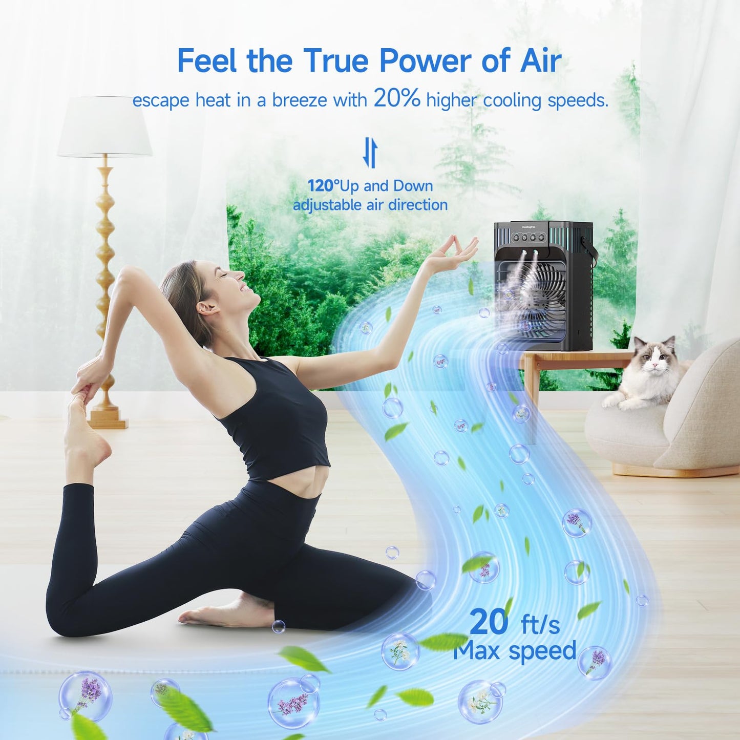 Serantzon Portable Air Conditioners, 4-in-1 Evaporative Air Cooler with Remote Control, Cooling Fan with 3 Modes, 3 Speeds & 7 LED Lights, 2-8H Timer, 1200ML Personal Mini AC Unit for Home, Bedroom