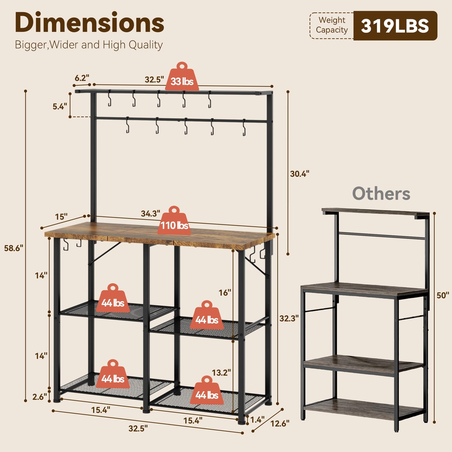 YASONIC Coffee Bar, Bakers Rack with Storage, 34.3 Inches Microwave Stand, 4 Tier Kitchen Shelves Appliance Storage, 14 S Hooks Large Coffee Station for Spices, Pots and Pans, Rustic Brown