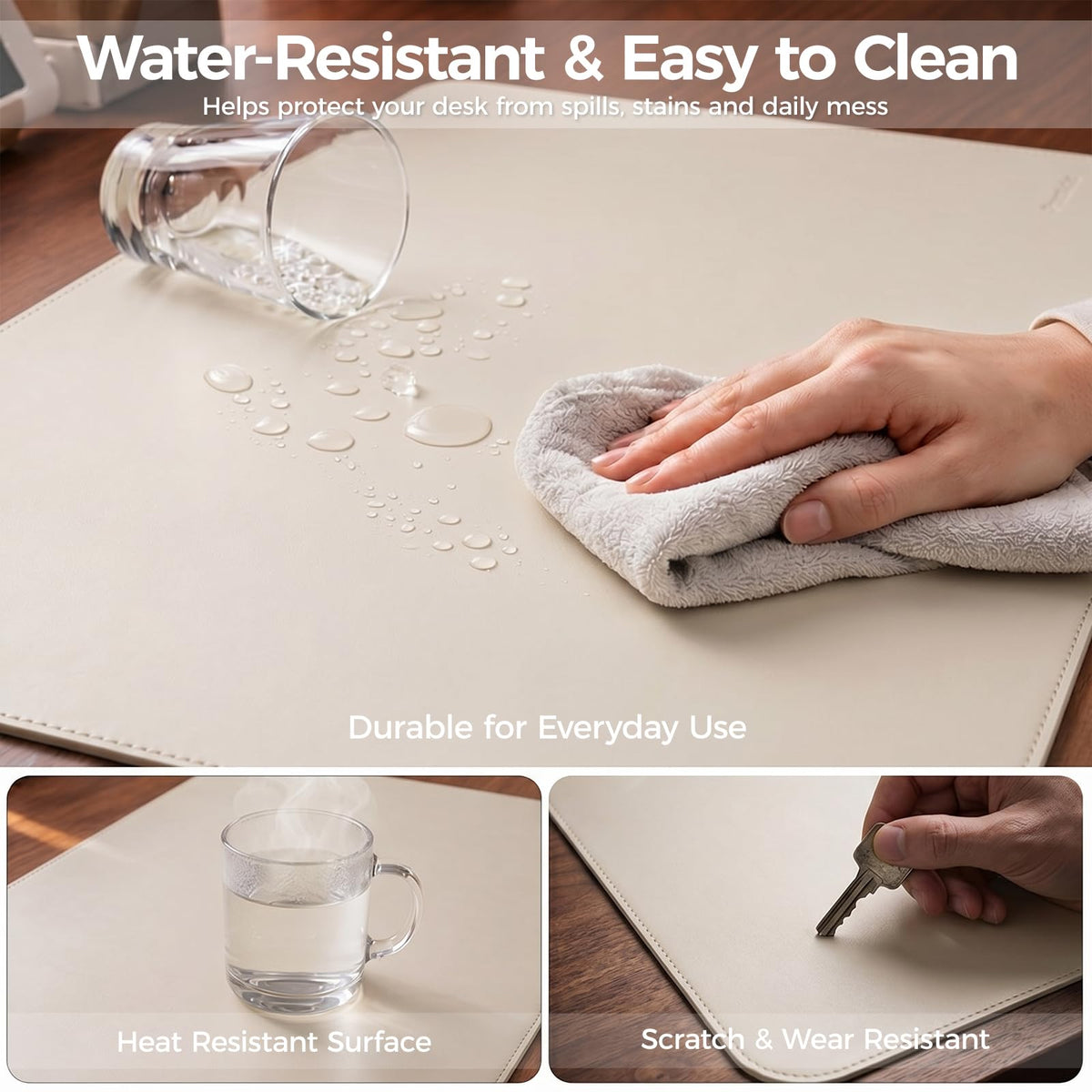 PROMATTOO Large Desk Pad Non-Slip Desk Mat Protector for Keyboard Mouse Waterproof Vegan Leather Surface Faux Leather Laptop Mat Smooth Mouse Pad Premium Gift Tube Creamy White 35" x 17"