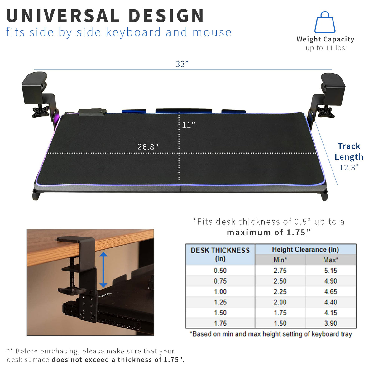 VIVO Large Height Adjustable Under Desk Keyboard Tray with RGB LED Light Mouse Pad, C-clamp Mount, 27 (33 Including Clamps) x 11 inch Slide-Out Platform Computer Drawer for Typing, Black, MOUNT-KB05GP