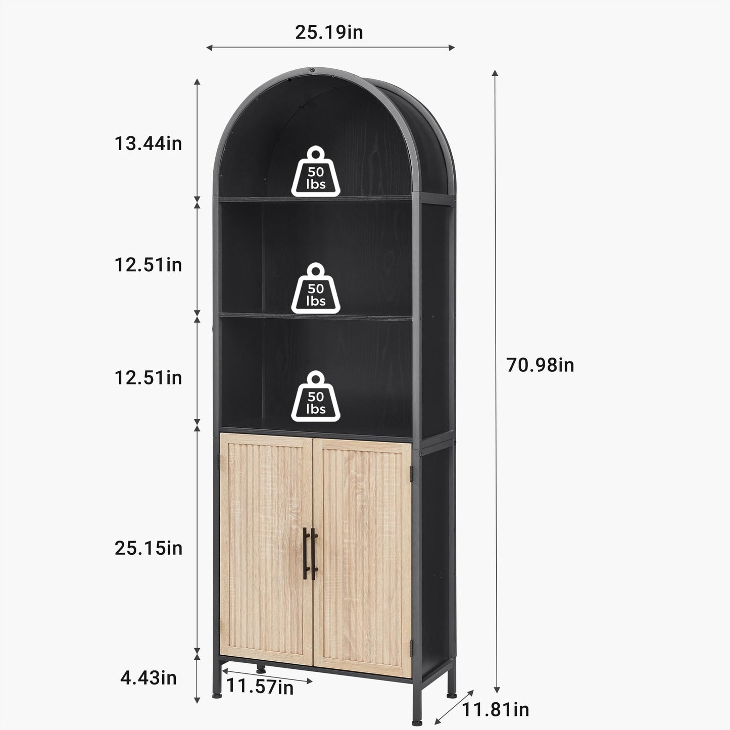 VIPLUMI Arched Bookcase Book Shelf with Doors, 5 Tier Display Bookshelf Tall Cabinet with Storage, Industrial Floor Standing Bookshelves Open bookcases for Home Office, Living Room(Oak&Black)
