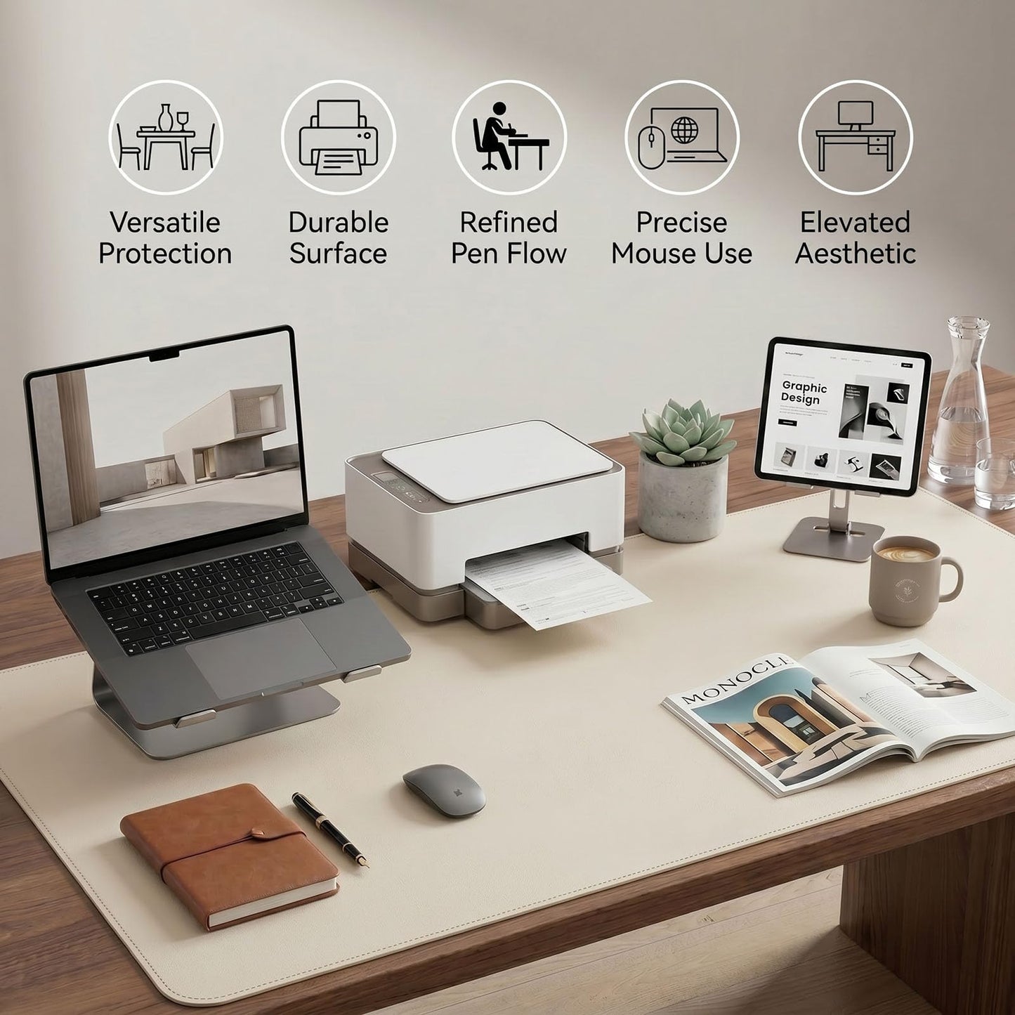 PROMATTOO Large Desk Pad Non-Slip Desk Mat Protector for Keyboard Mouse Waterproof Vegan Leather Surface Faux Leather Laptop Mat Smooth Mouse Pad Premium Gift Tube Creamy White 35" x 17"