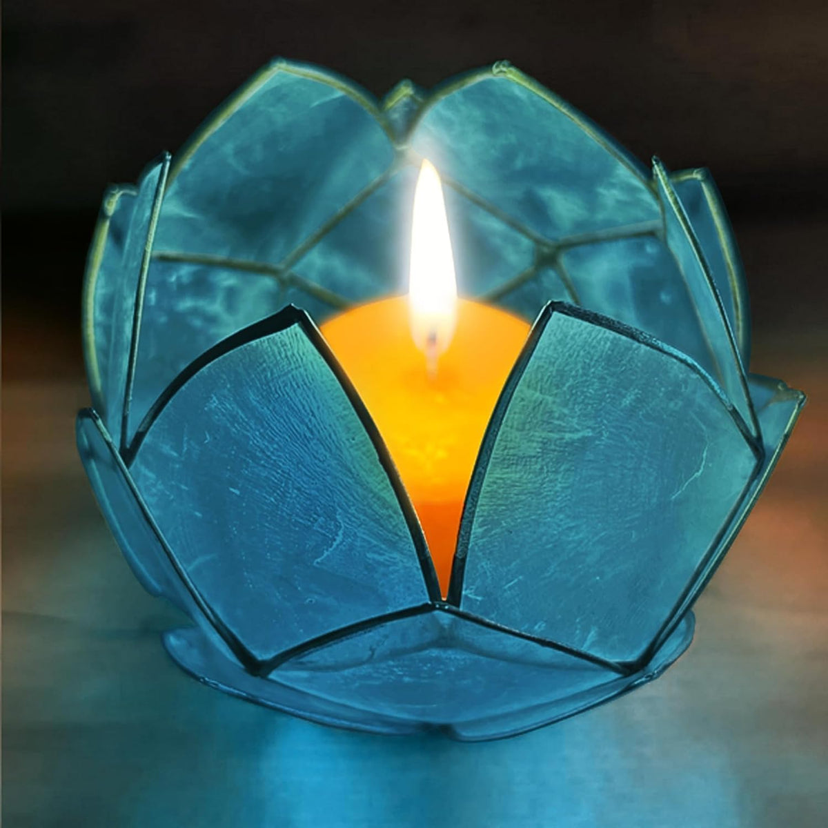 Blooming Lotus Capiz Shell Tealight Candle Holder, Handcrafted Decorative Tea Light Candleholder with Translucent Flower Petals for Ambient Illumination and Natural Elegance, Aquamarine